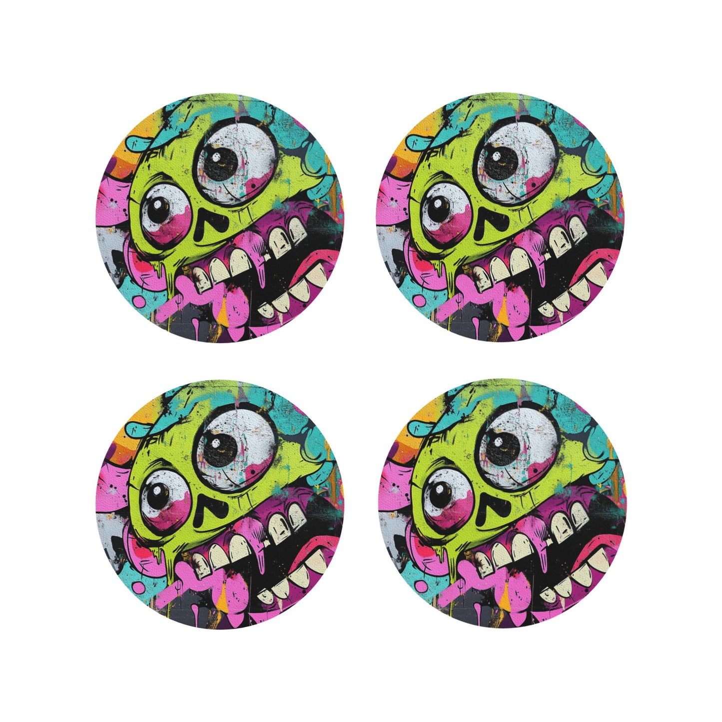 4-Pack Round Graffiti Skull Coasters – 10cm Non-Slip Heat-Resistant Rubber Drink Mats for Home & Office