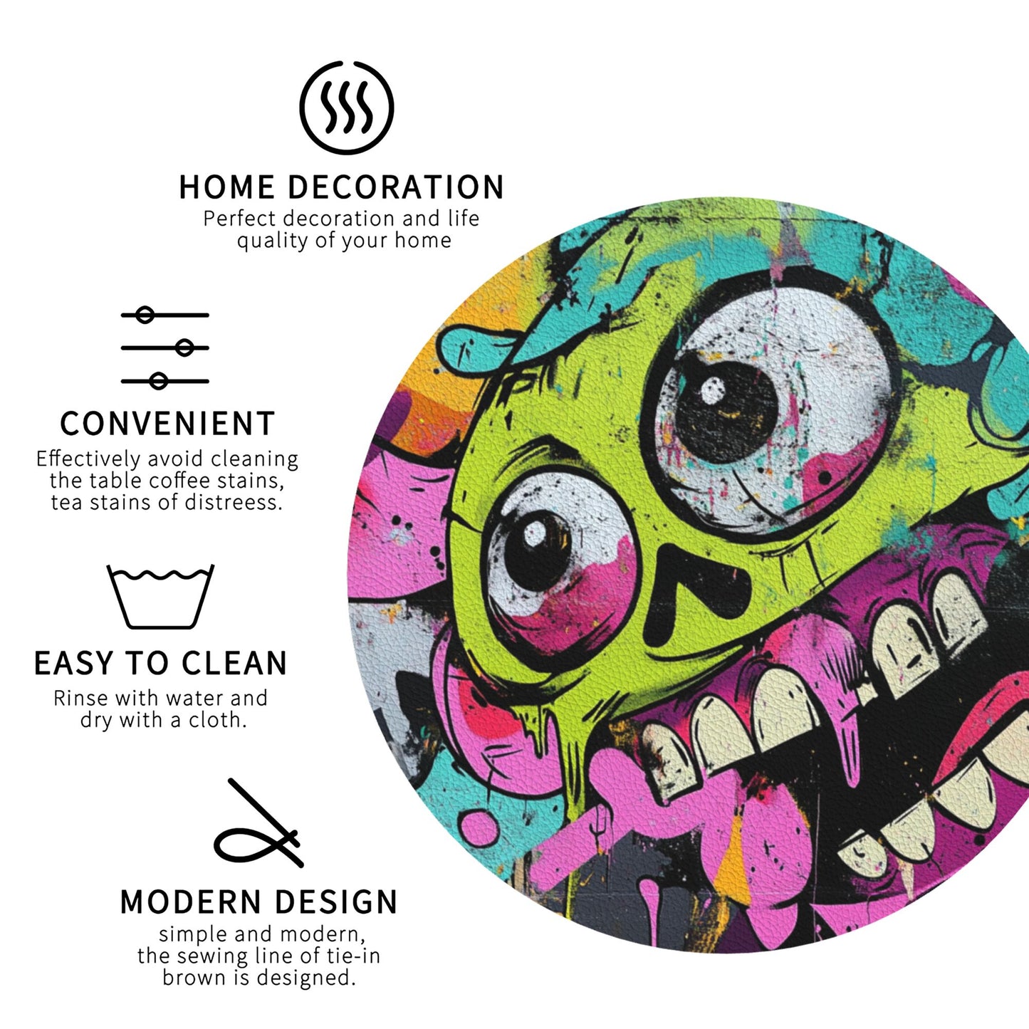 4-Pack Round Graffiti Skull Coasters – 10cm Non-Slip Heat-Resistant Rubber Drink Mats for Home & Office