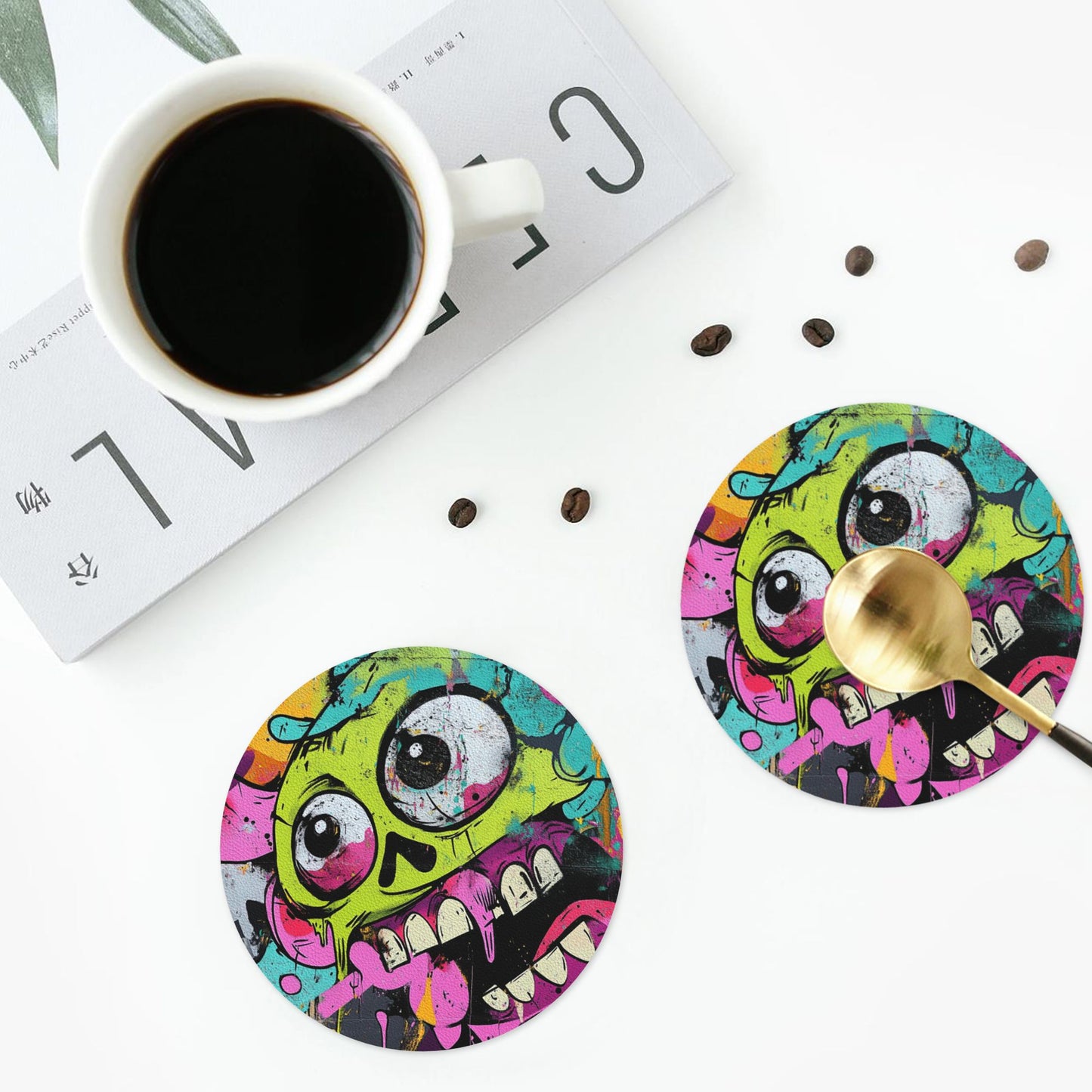 4-Pack Round Graffiti Skull Coasters – 10cm Non-Slip Heat-Resistant Rubber Drink Mats for Home & Office
