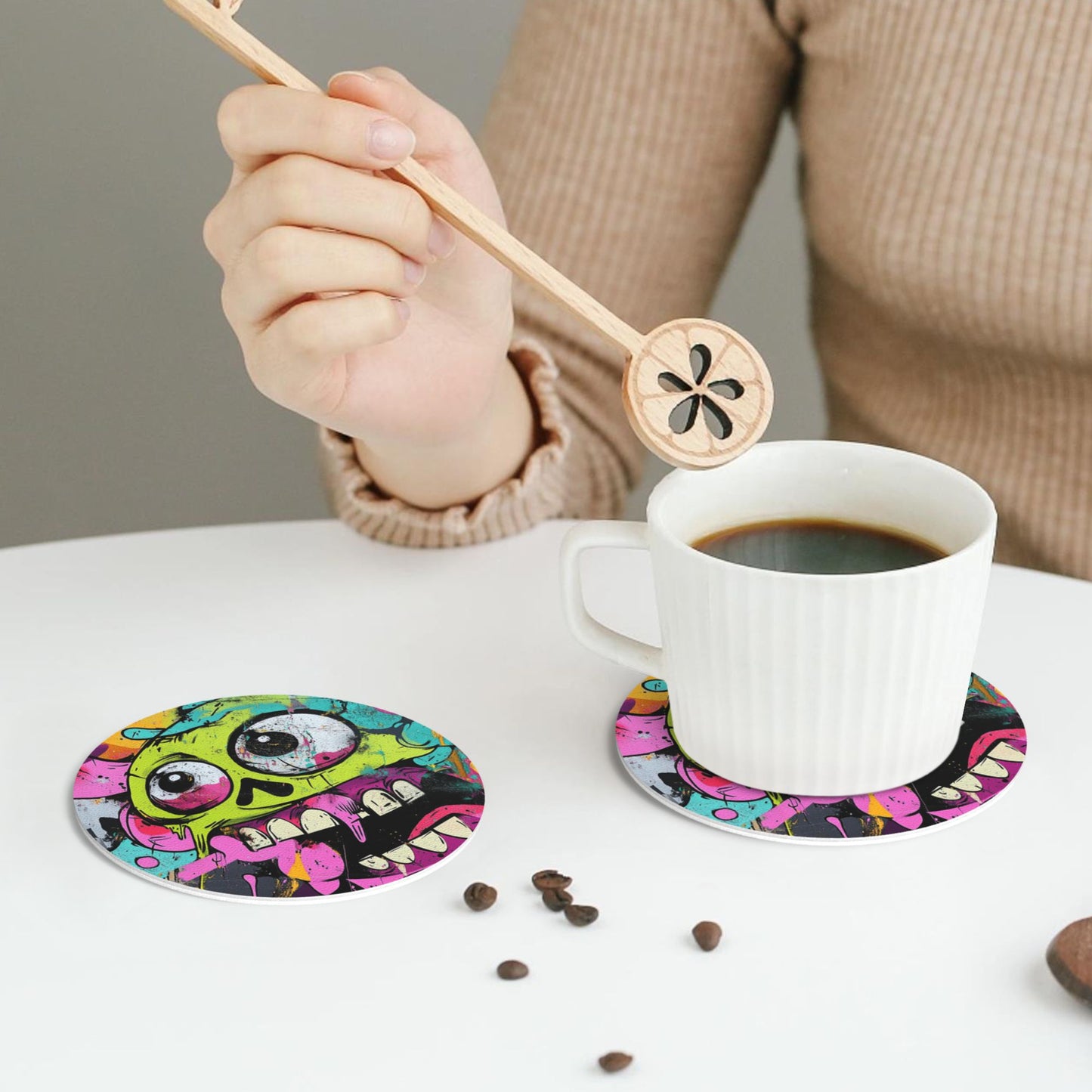 4-Pack Round Graffiti Skull Coasters – 10cm Non-Slip Heat-Resistant Rubber Drink Mats for Home & Office