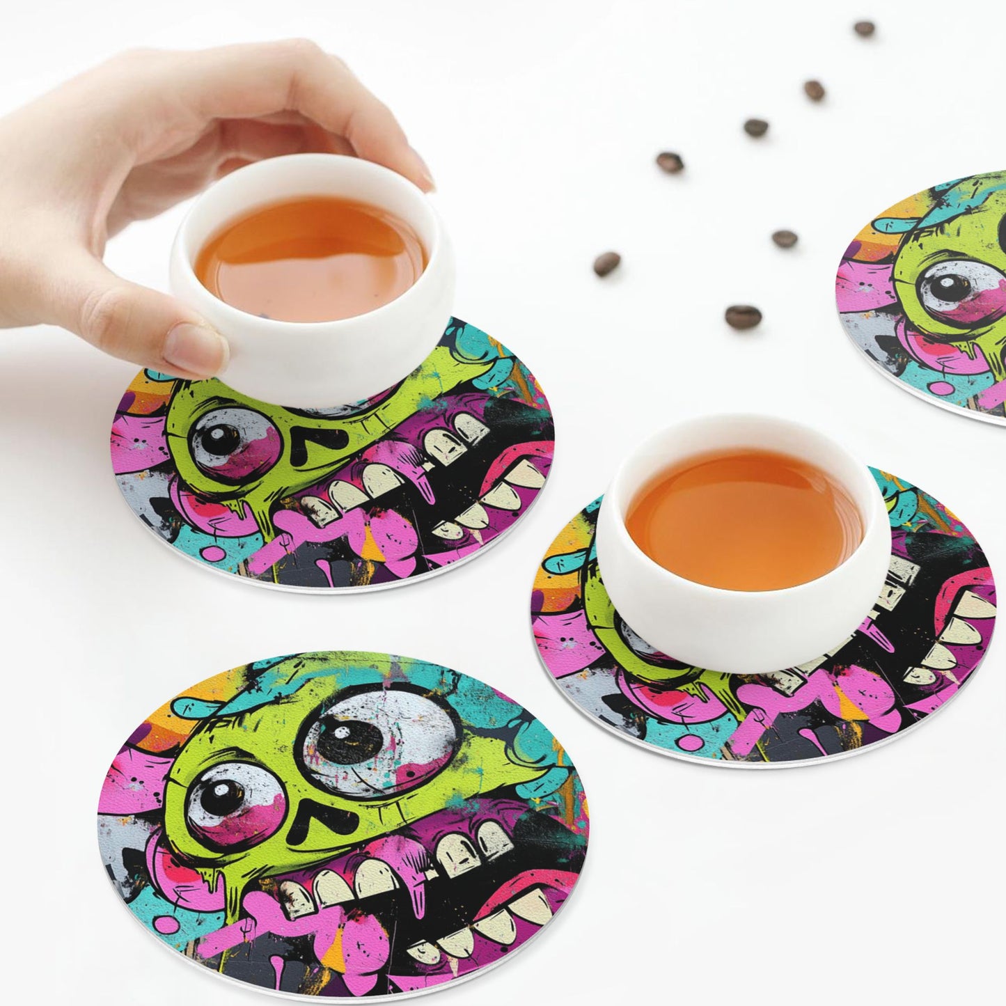 4-Pack Round Graffiti Skull Coasters – 10cm Non-Slip Heat-Resistant Rubber Drink Mats for Home & Office