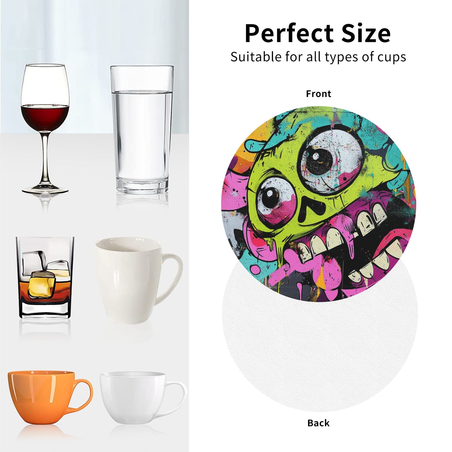 4-Pack Round Graffiti Skull Coasters – 10cm Non-Slip Heat-Resistant Rubber Drink Mats for Home & Office