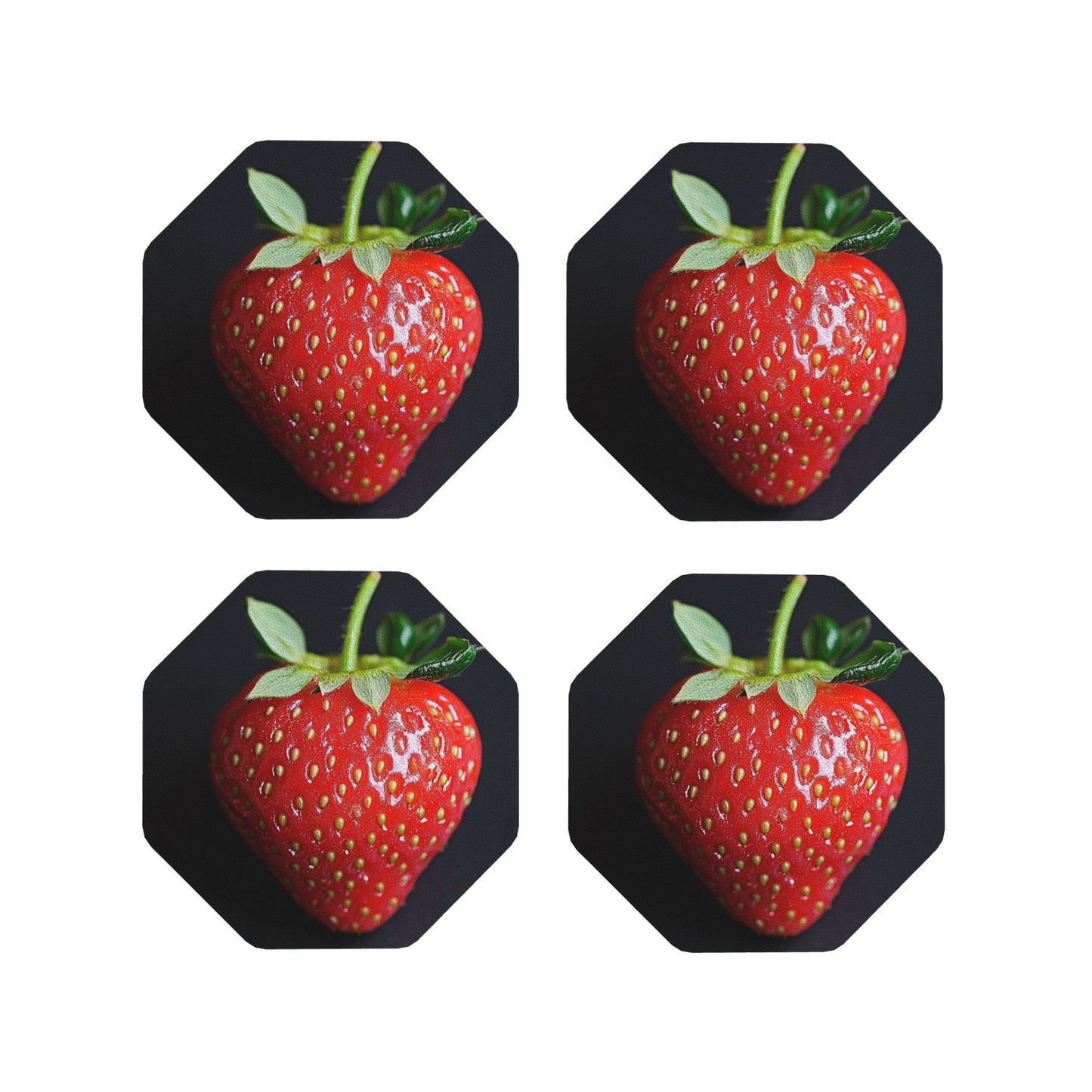 Strawberry Pattern Absorbent Rubber Coasters – Set of 4, Octagon Shape, 4 inch, Non-Slip & Heat Resistant