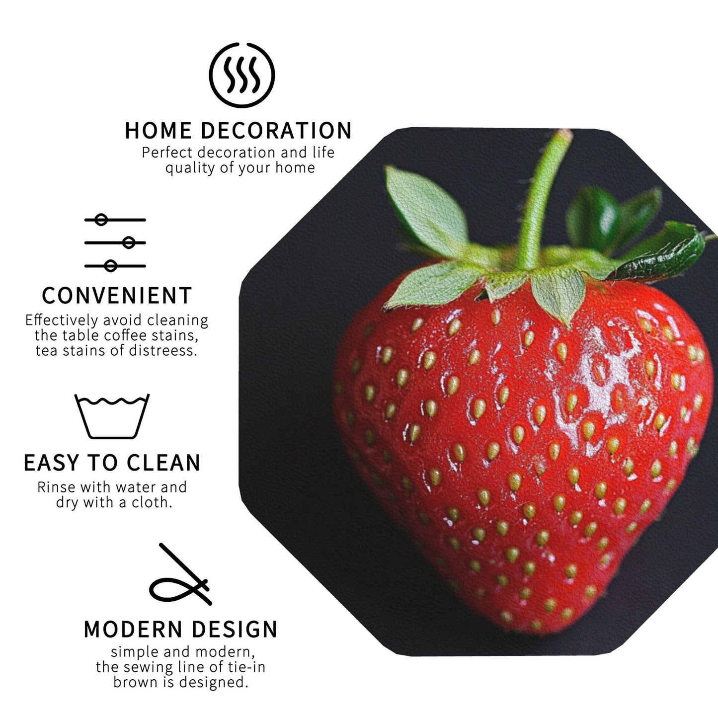 Strawberry Pattern Absorbent Rubber Coasters – Set of 4, Octagon Shape, 4 inch, Non-Slip & Heat Resistant