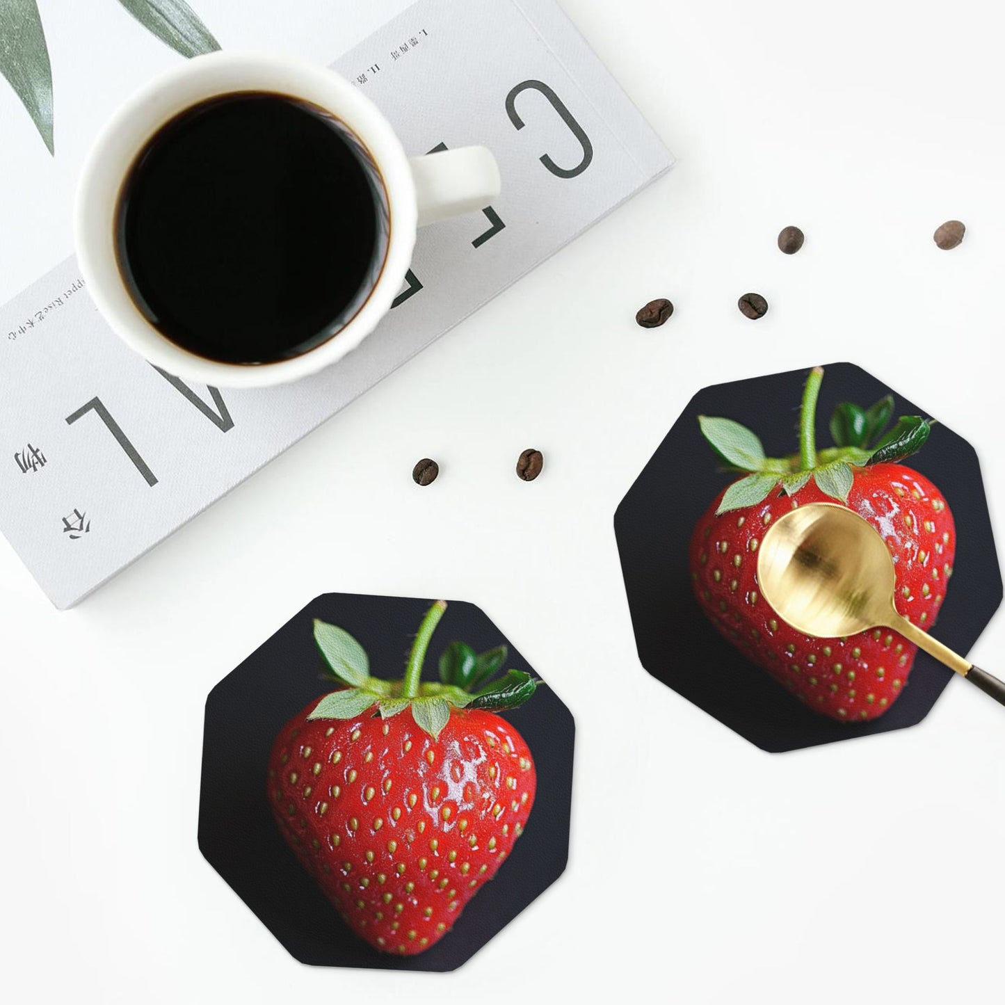 Strawberry Pattern Absorbent Rubber Coasters – Set of 4, Octagon Shape, 4 inch, Non-Slip & Heat Resistant