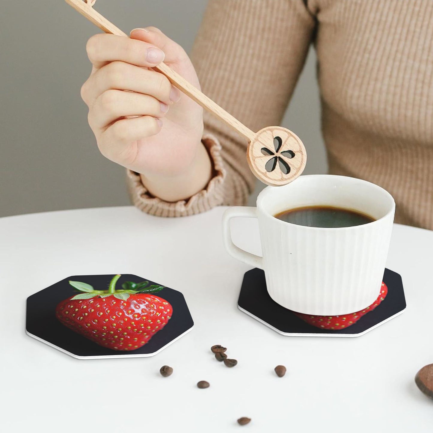 Strawberry Pattern Absorbent Rubber Coasters – Set of 4, Octagon Shape, 4 inch, Non-Slip & Heat Resistant