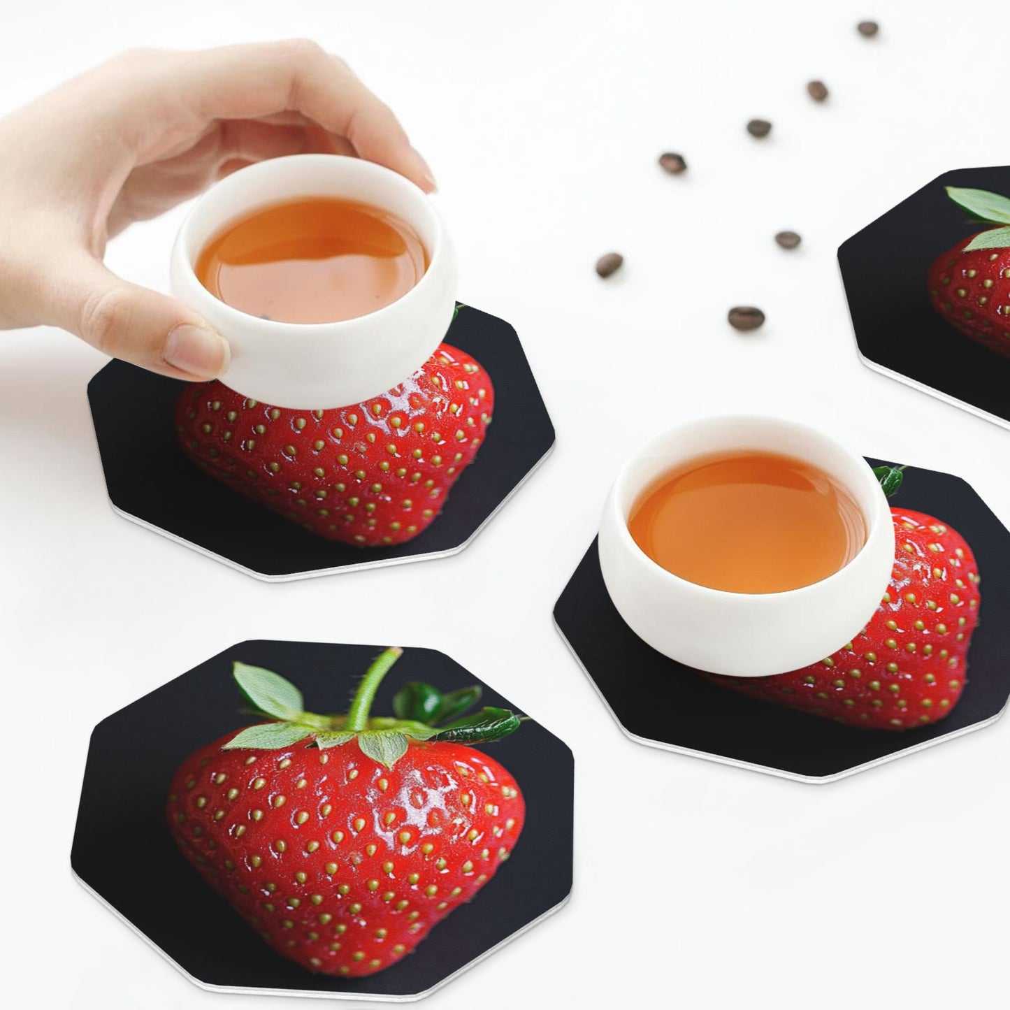 Strawberry Pattern Absorbent Rubber Coasters – Set of 4, Octagon Shape, 4 inch, Non-Slip & Heat Resistant
