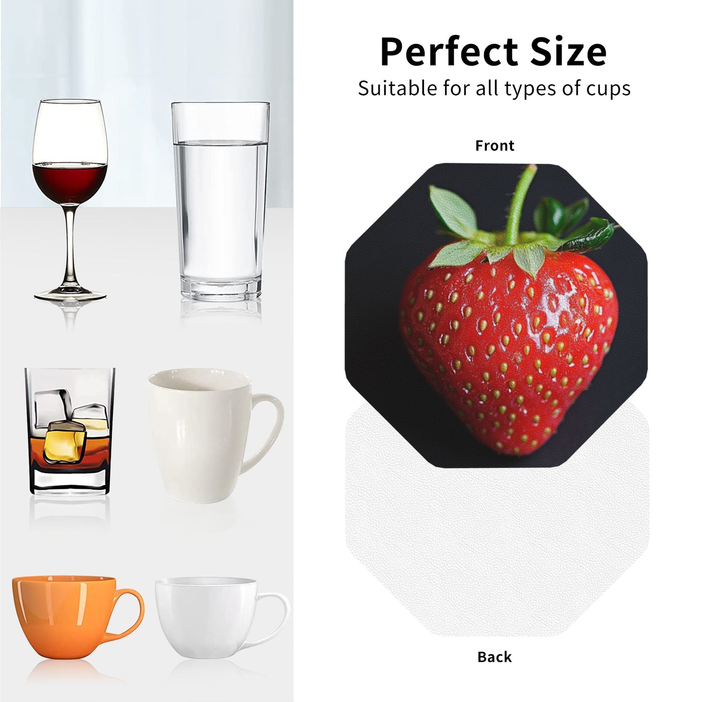 Strawberry Pattern Absorbent Rubber Coasters – Set of 4, Octagon Shape, 4 inch, Non-Slip & Heat Resistant