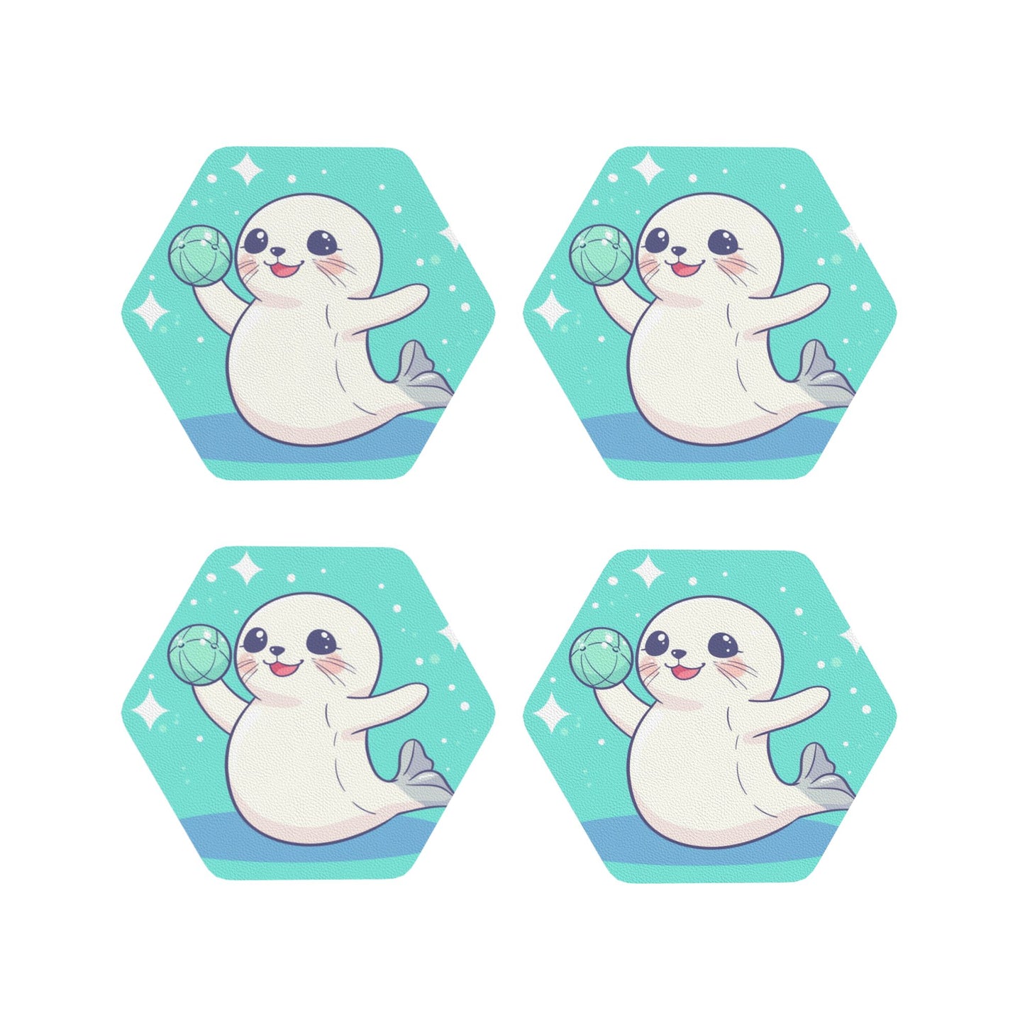 Cute Seal Pattern Hexagon PU Leather Coasters (Set of 4) – Heat Resistant & Non-Slip Drink Mats