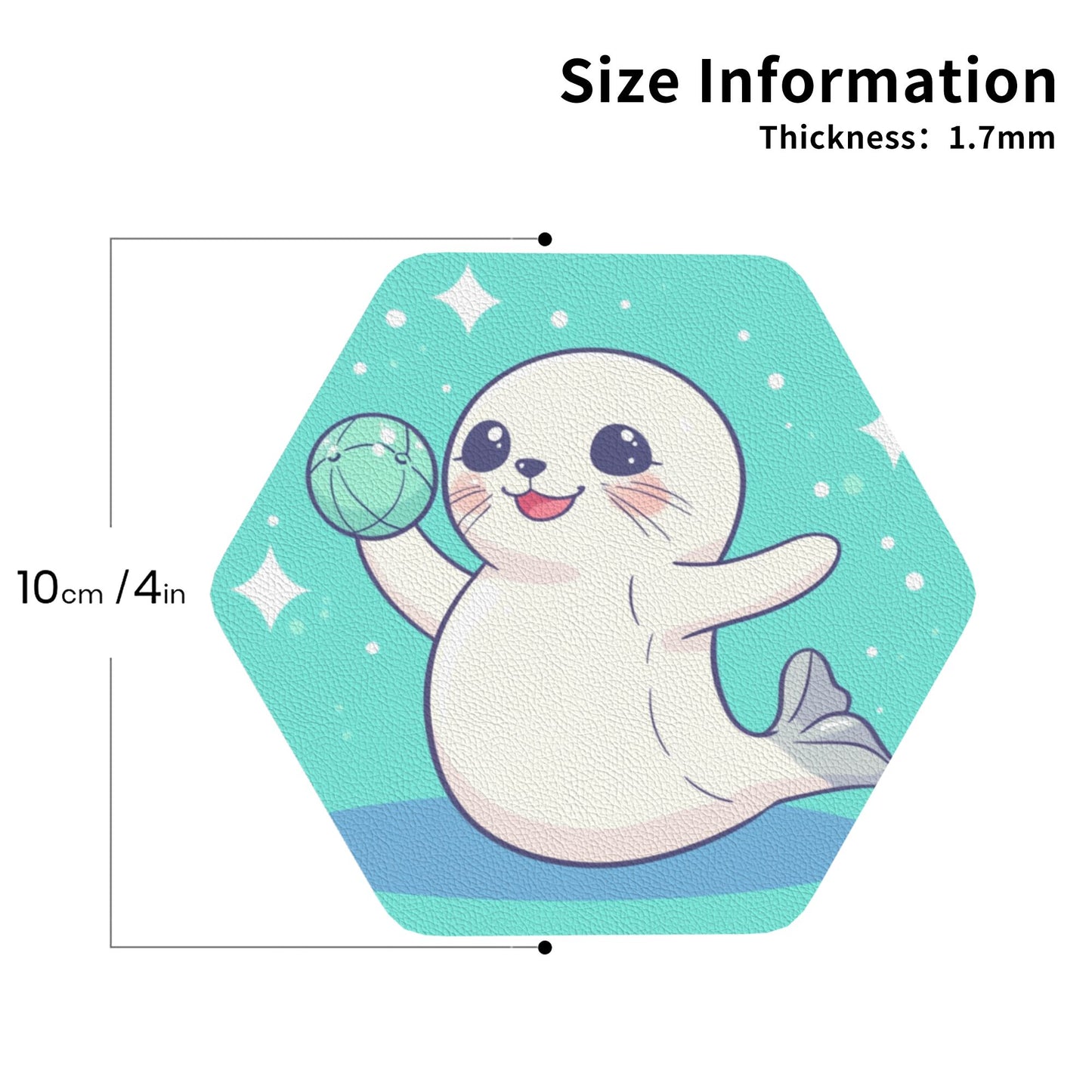 Cute Seal Pattern Hexagon PU Leather Coasters (Set of 4) – Heat Resistant & Non-Slip Drink Mats