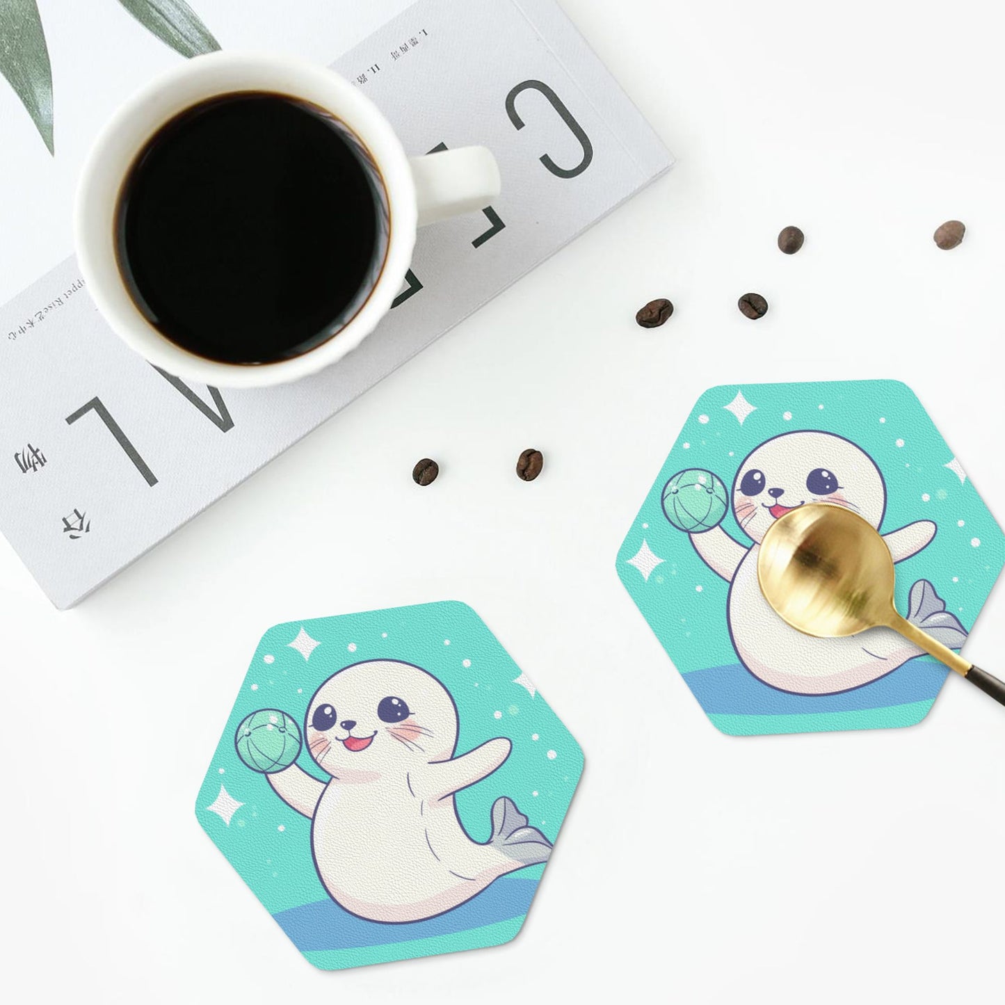 Cute Seal Pattern Hexagon PU Leather Coasters (Set of 4) – Heat Resistant & Non-Slip Drink Mats