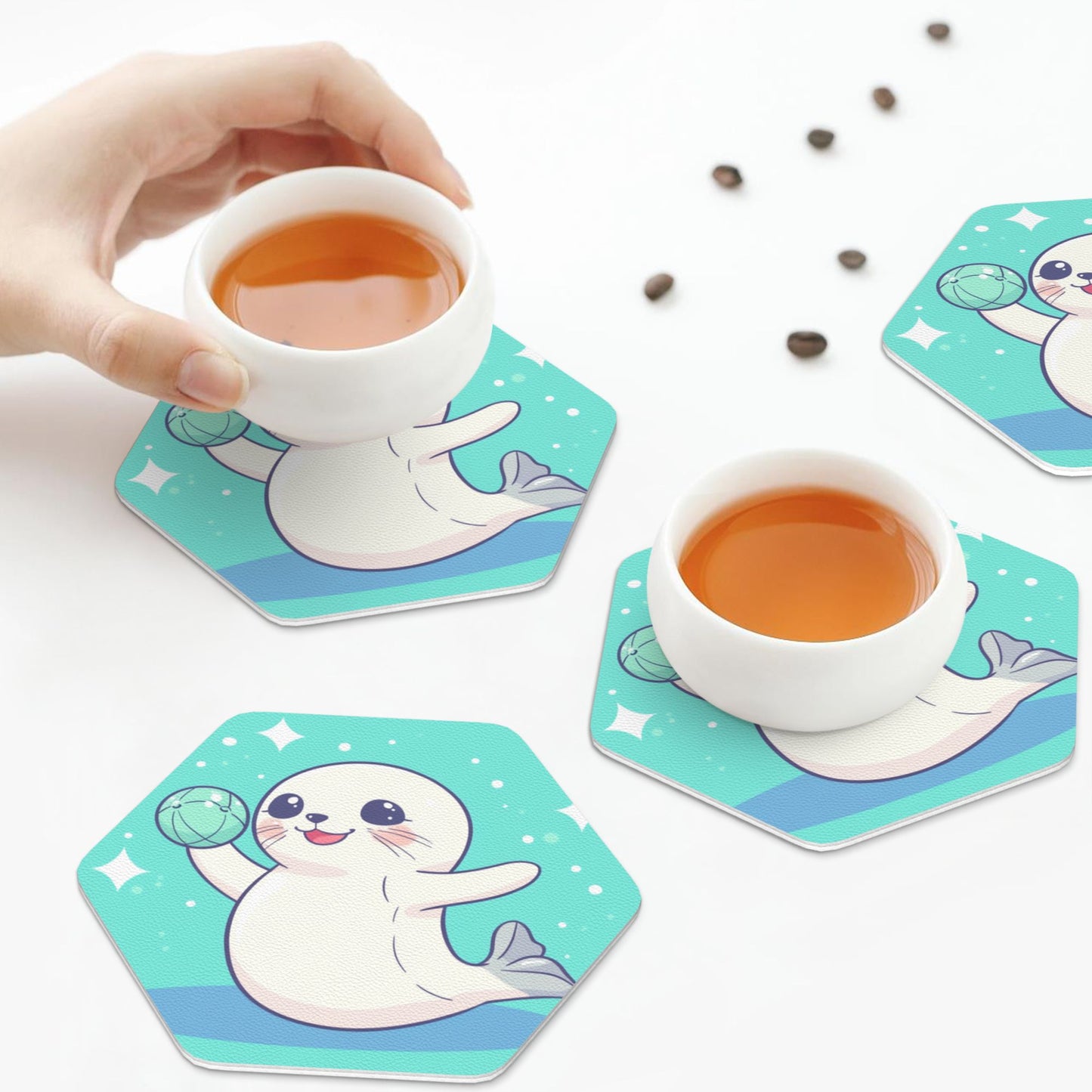 Cute Seal Pattern Hexagon PU Leather Coasters (Set of 4) – Heat Resistant & Non-Slip Drink Mats