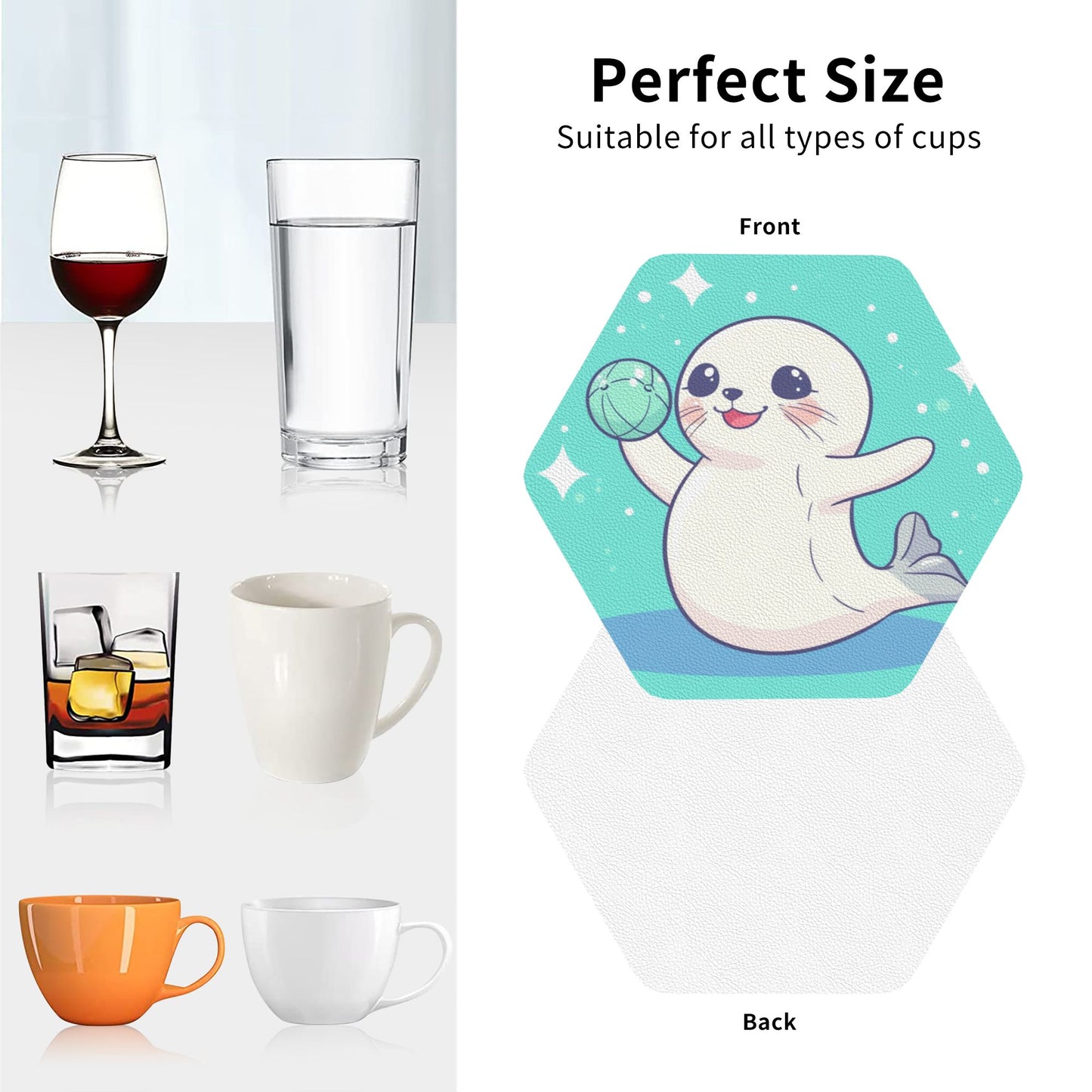 Cute Seal Pattern Hexagon PU Leather Coasters (Set of 4) – Heat Resistant & Non-Slip Drink Mats