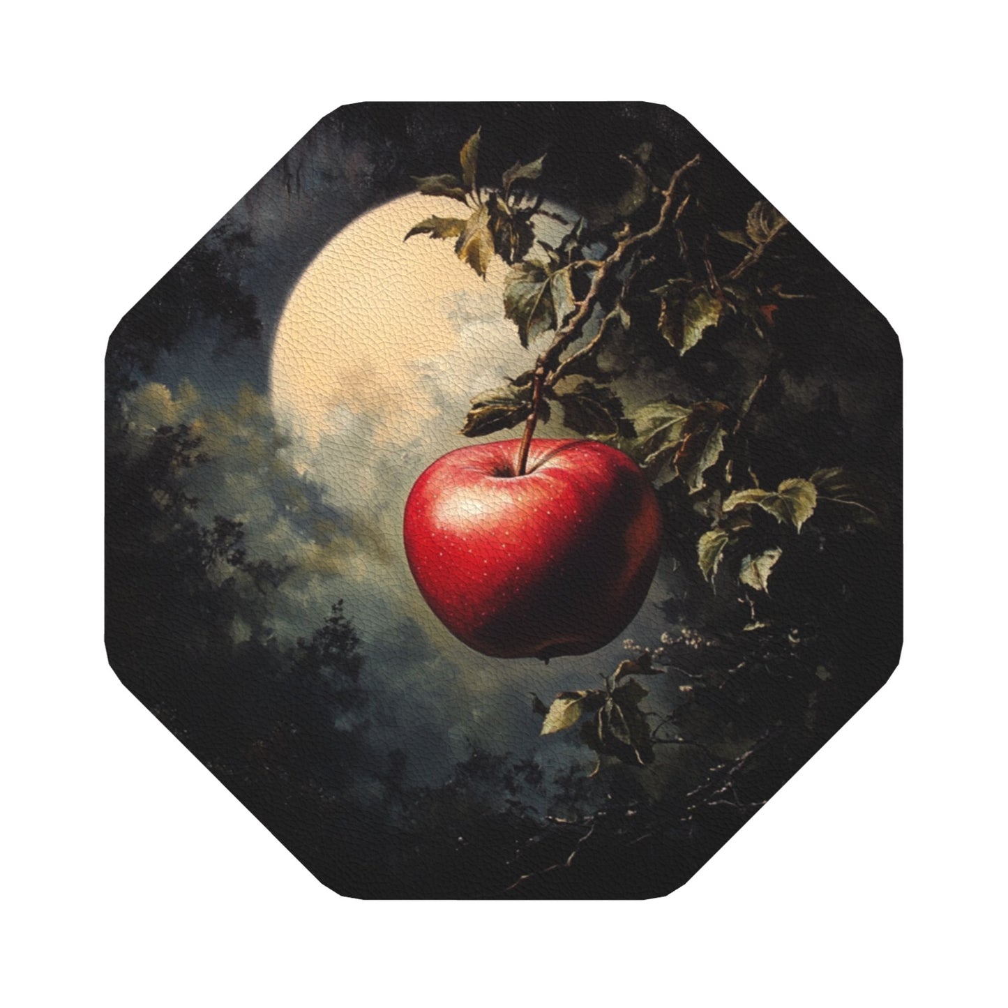 Moonlight Apple Octagonal PU Leather Coaster Set of 4 – 10cm Water-Absorbent, Non-Slip
