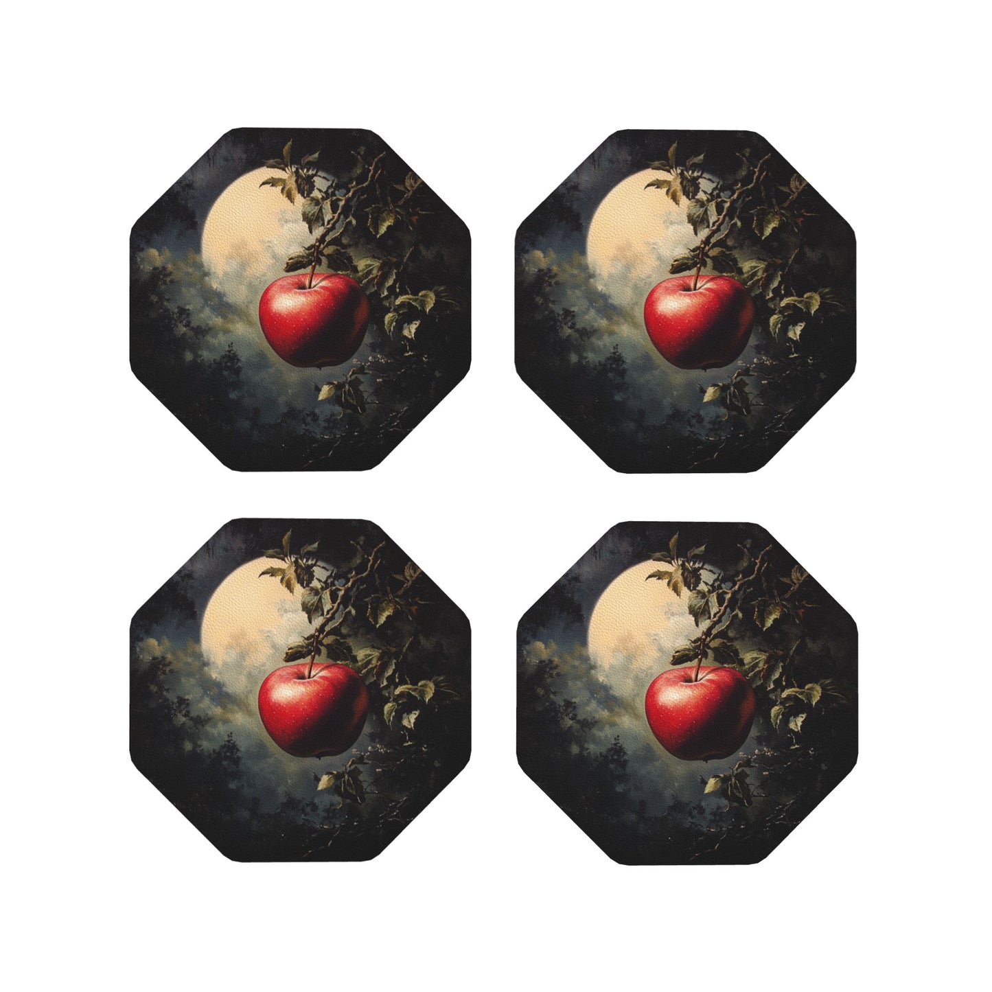 Moonlight Apple Octagonal PU Leather Coaster Set of 4 – 10cm Water-Absorbent, Non-Slip
