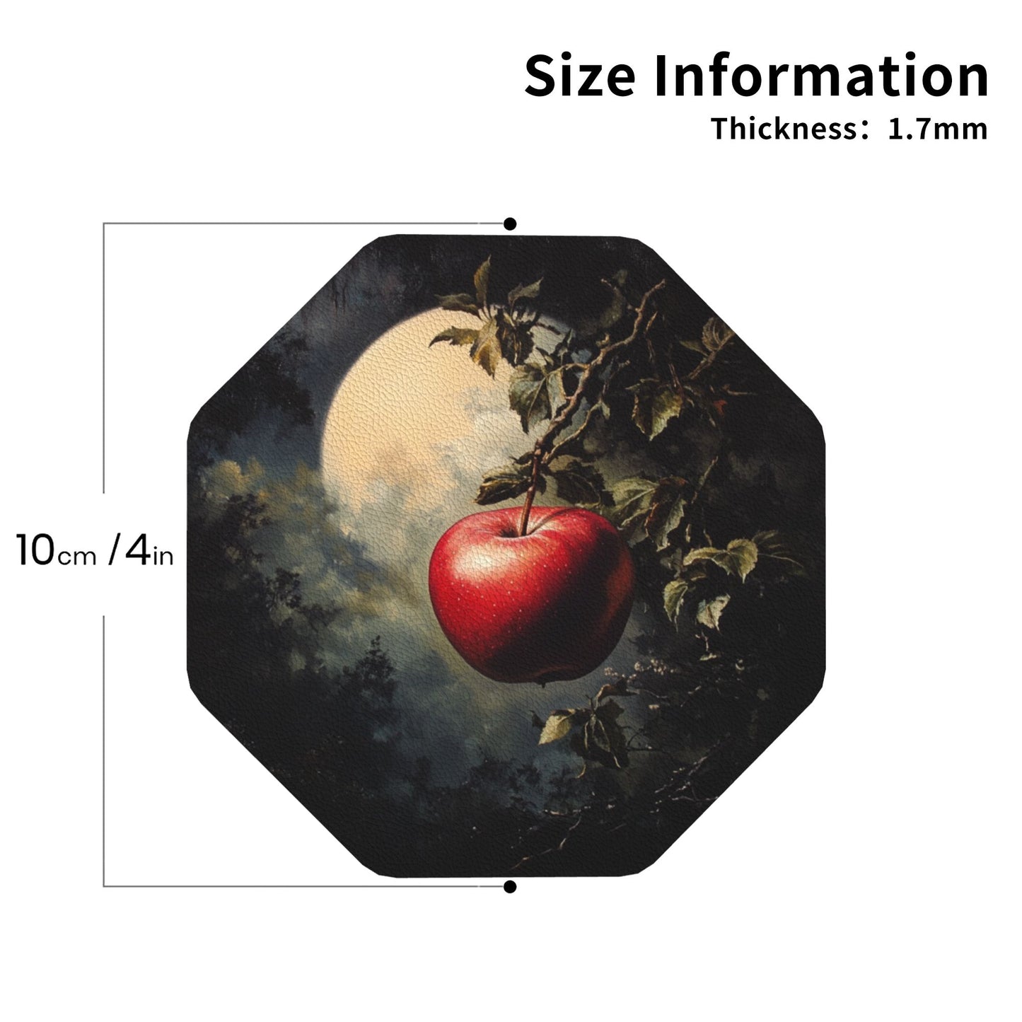 Moonlight Apple Octagonal PU Leather Coaster Set of 4 – 10cm Water-Absorbent, Non-Slip