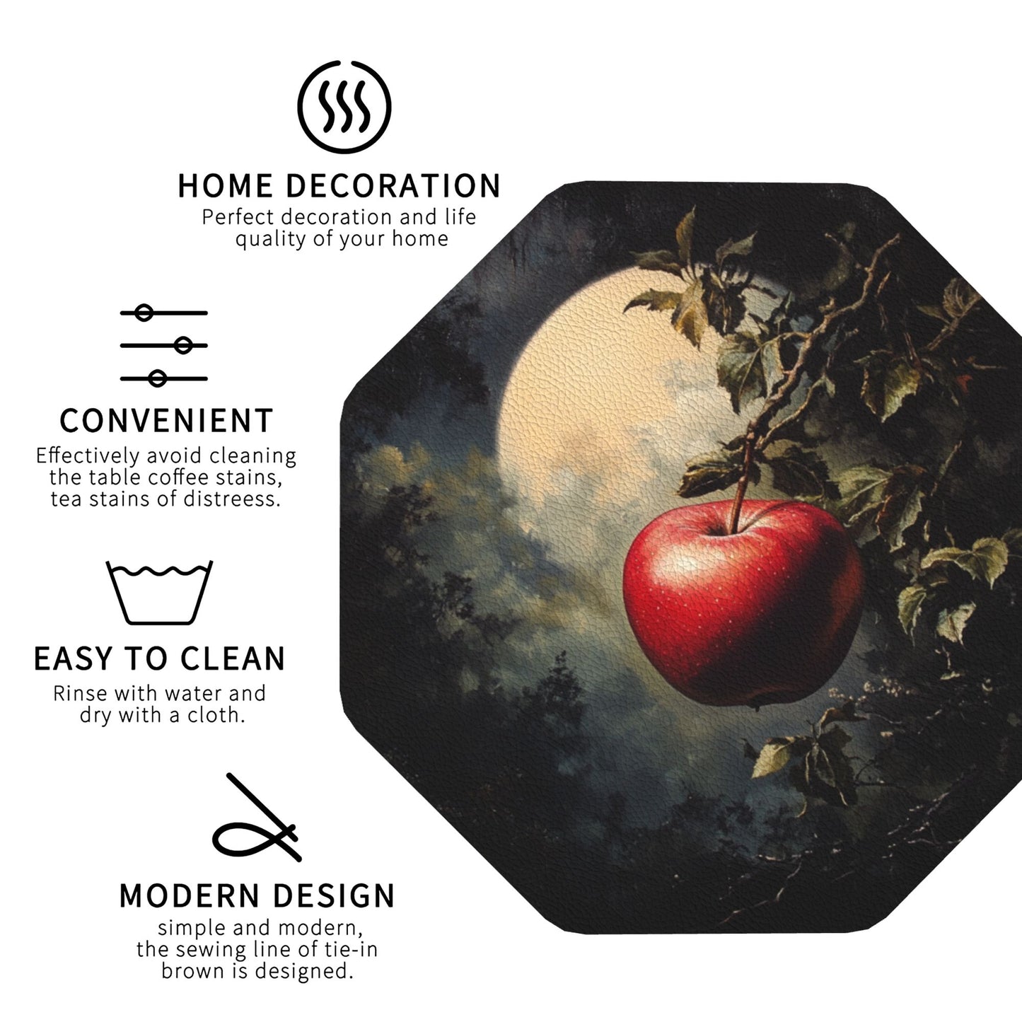 Moonlight Apple Octagonal PU Leather Coaster Set of 4 – 10cm Water-Absorbent, Non-Slip
