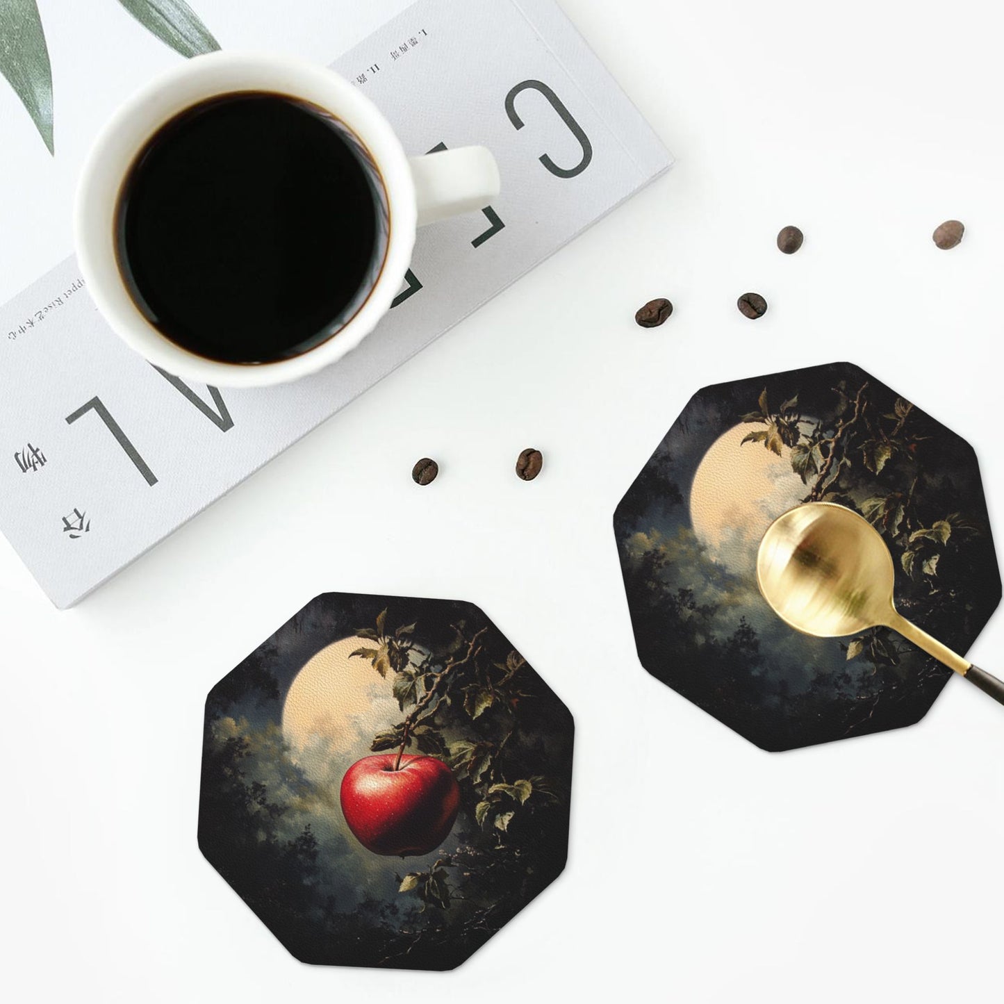 Moonlight Apple Octagonal PU Leather Coaster Set of 4 – 10cm Water-Absorbent, Non-Slip