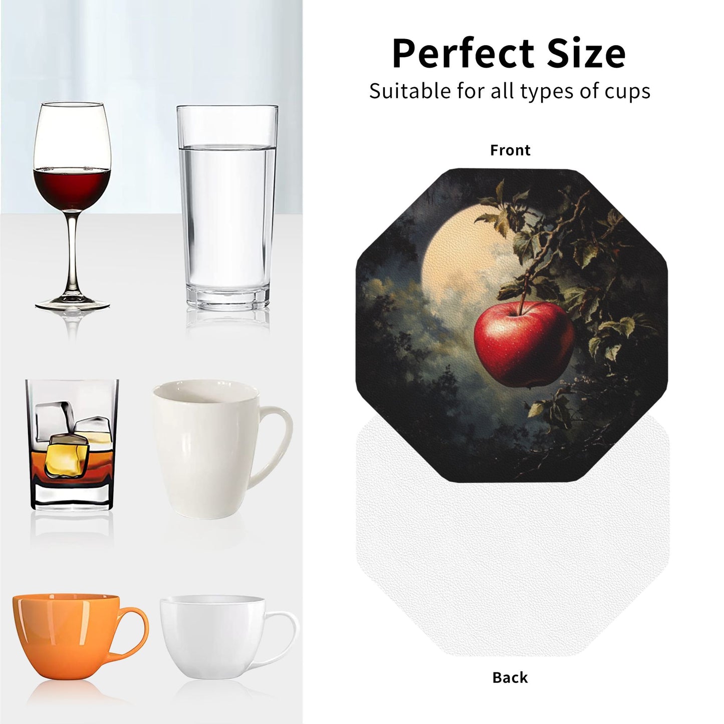 Moonlight Apple Octagonal PU Leather Coaster Set of 4 – 10cm Water-Absorbent, Non-Slip