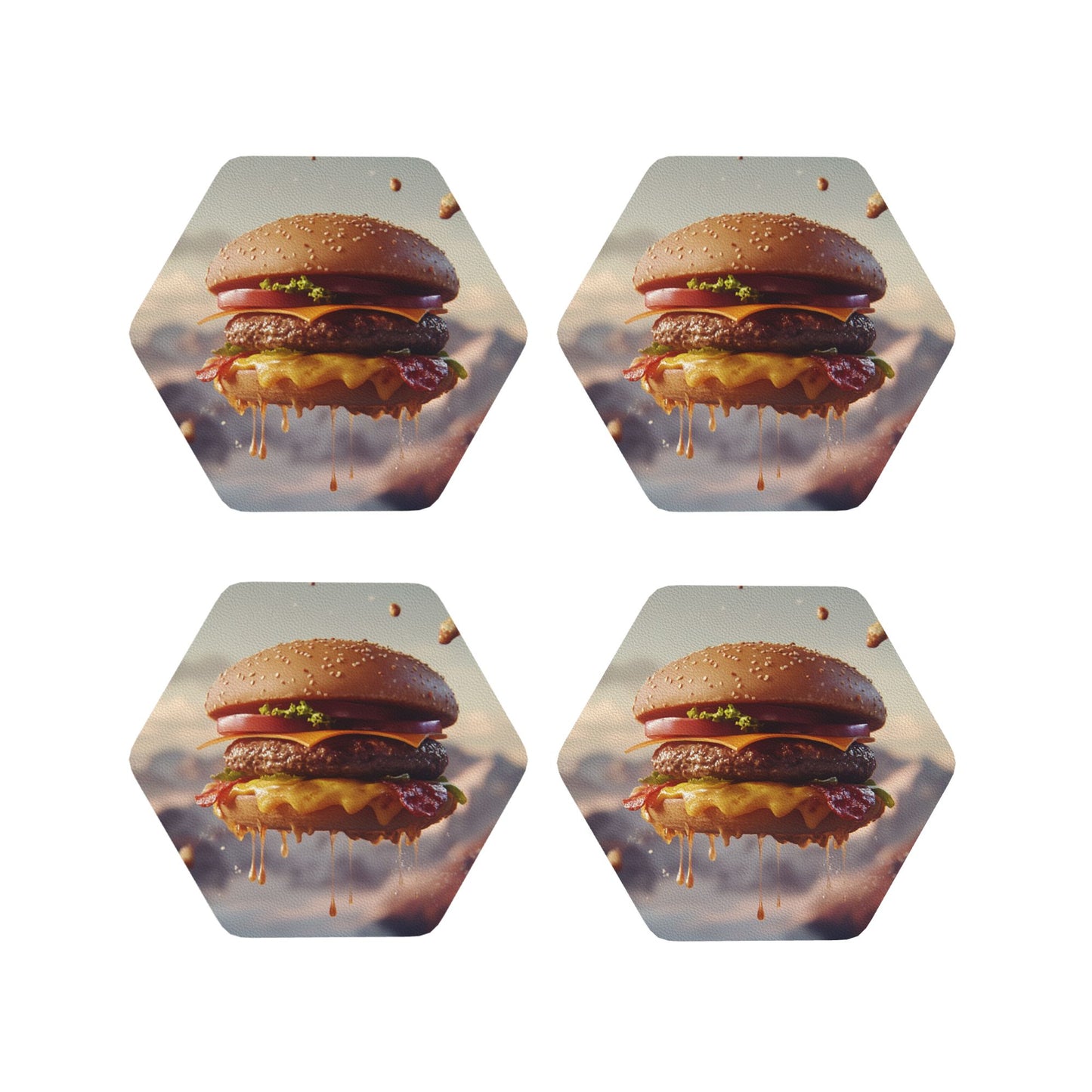 Creative Burger Print Hexagonal Coasters (Set of 4) | Anti-Slip, Heat Resistant, Water-Absorbent Leather Drink Mats | 10cm