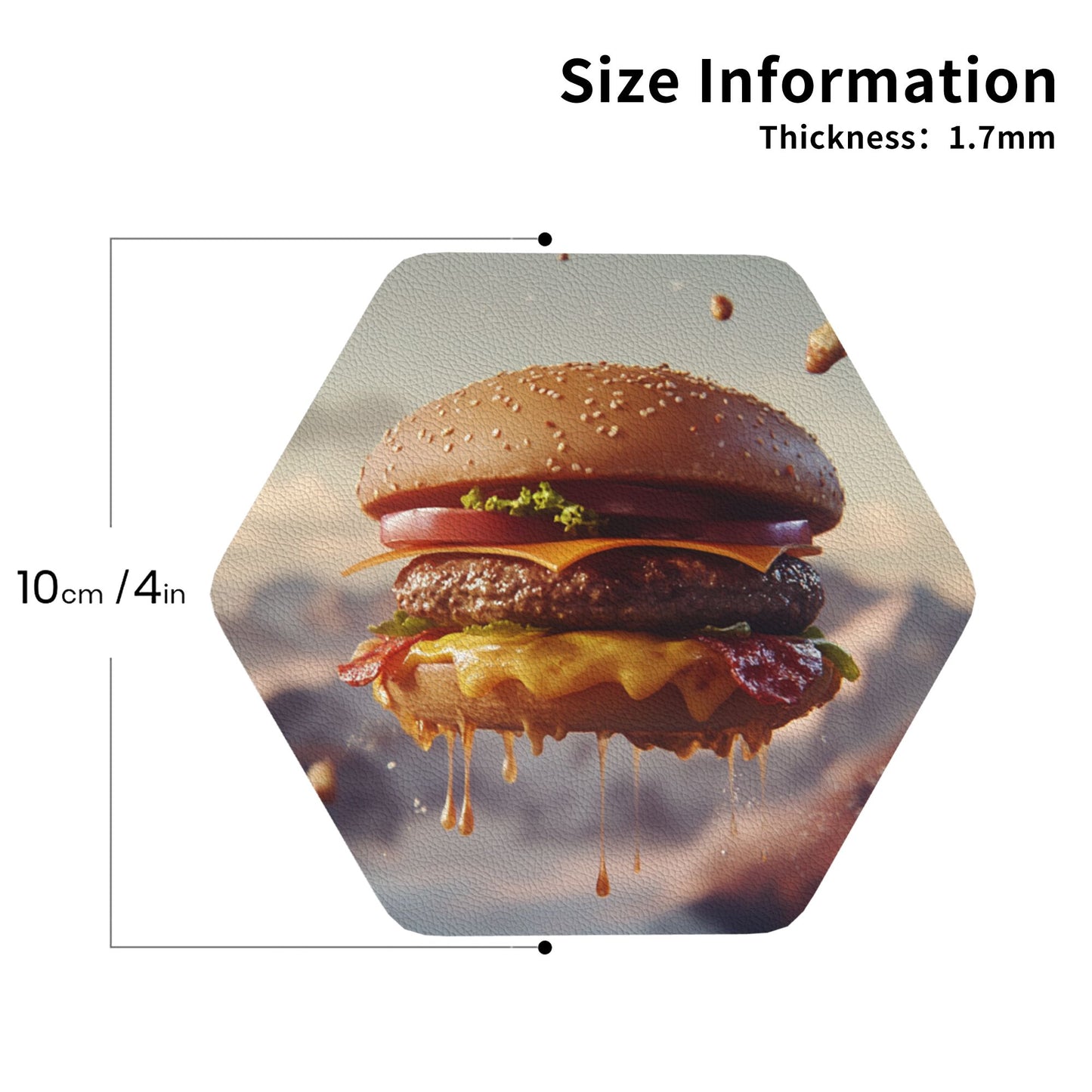 Creative Burger Print Hexagonal Coasters (Set of 4) | Anti-Slip, Heat Resistant, Water-Absorbent Leather Drink Mats | 10cm
