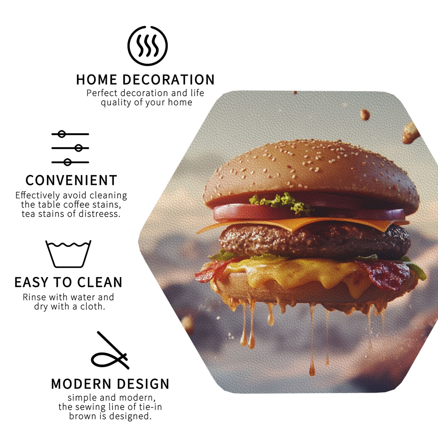 Creative Burger Print Hexagonal Coasters (Set of 4) | Anti-Slip, Heat Resistant, Water-Absorbent Leather Drink Mats | 10cm
