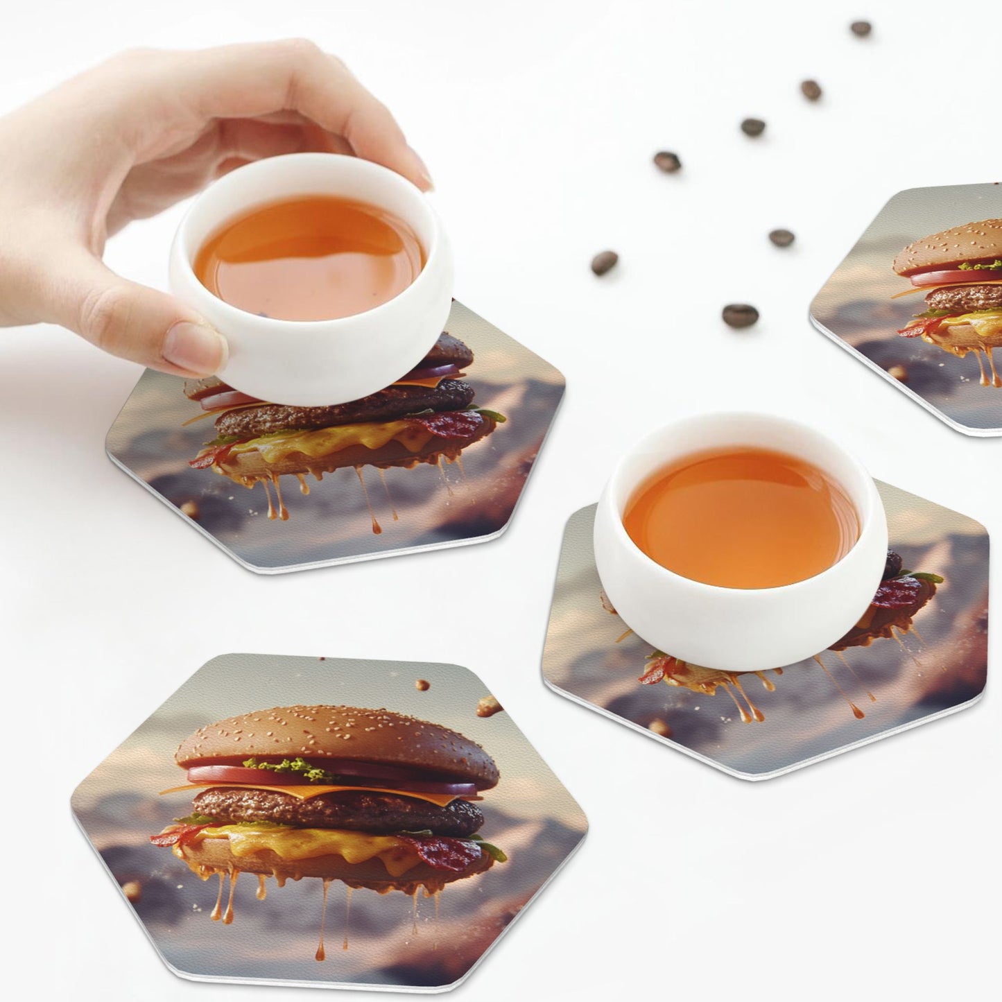 Creative Burger Print Hexagonal Coasters (Set of 4) | Anti-Slip, Heat Resistant, Water-Absorbent Leather Drink Mats | 10cm