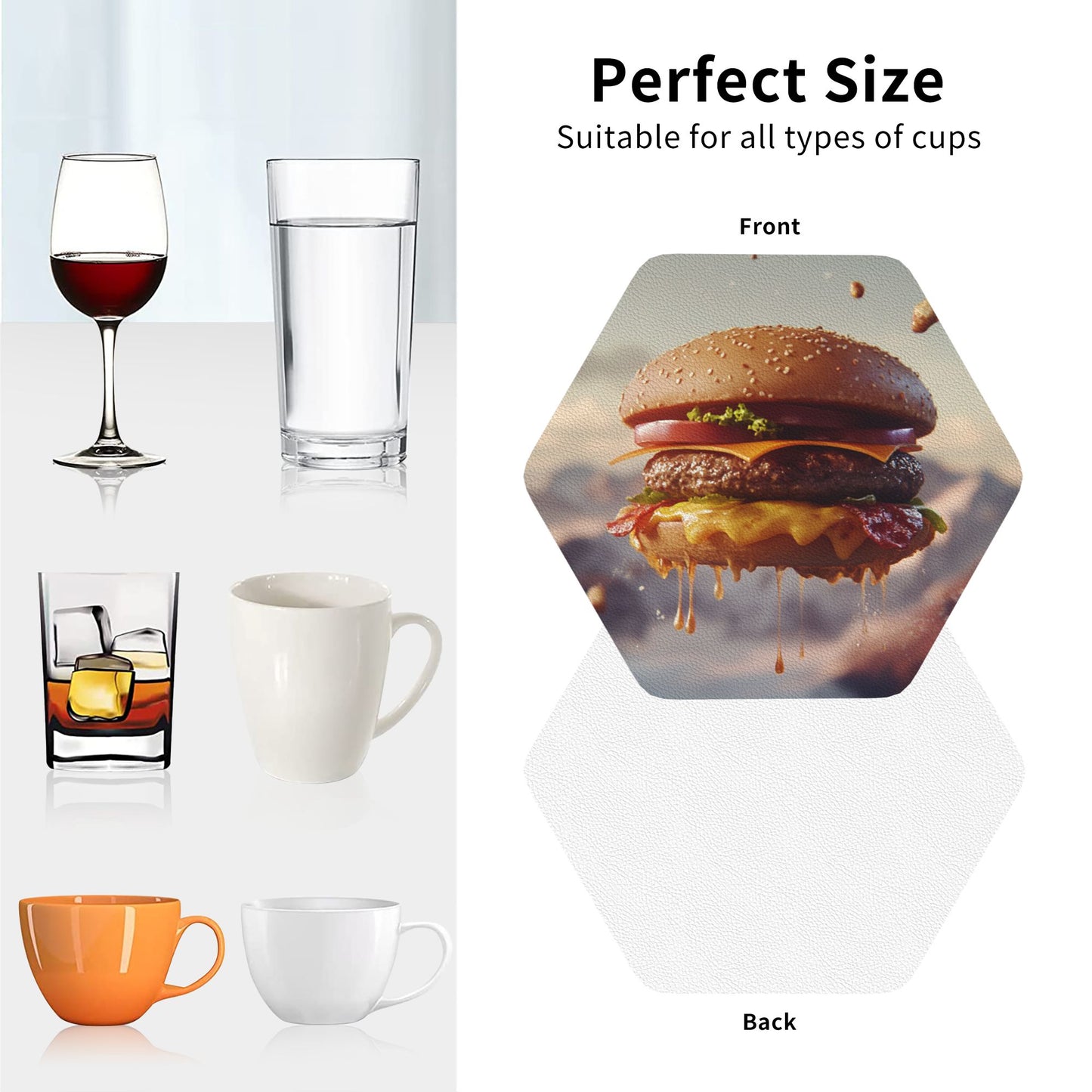 Creative Burger Print Hexagonal Coasters (Set of 4) | Anti-Slip, Heat Resistant, Water-Absorbent Leather Drink Mats | 10cm