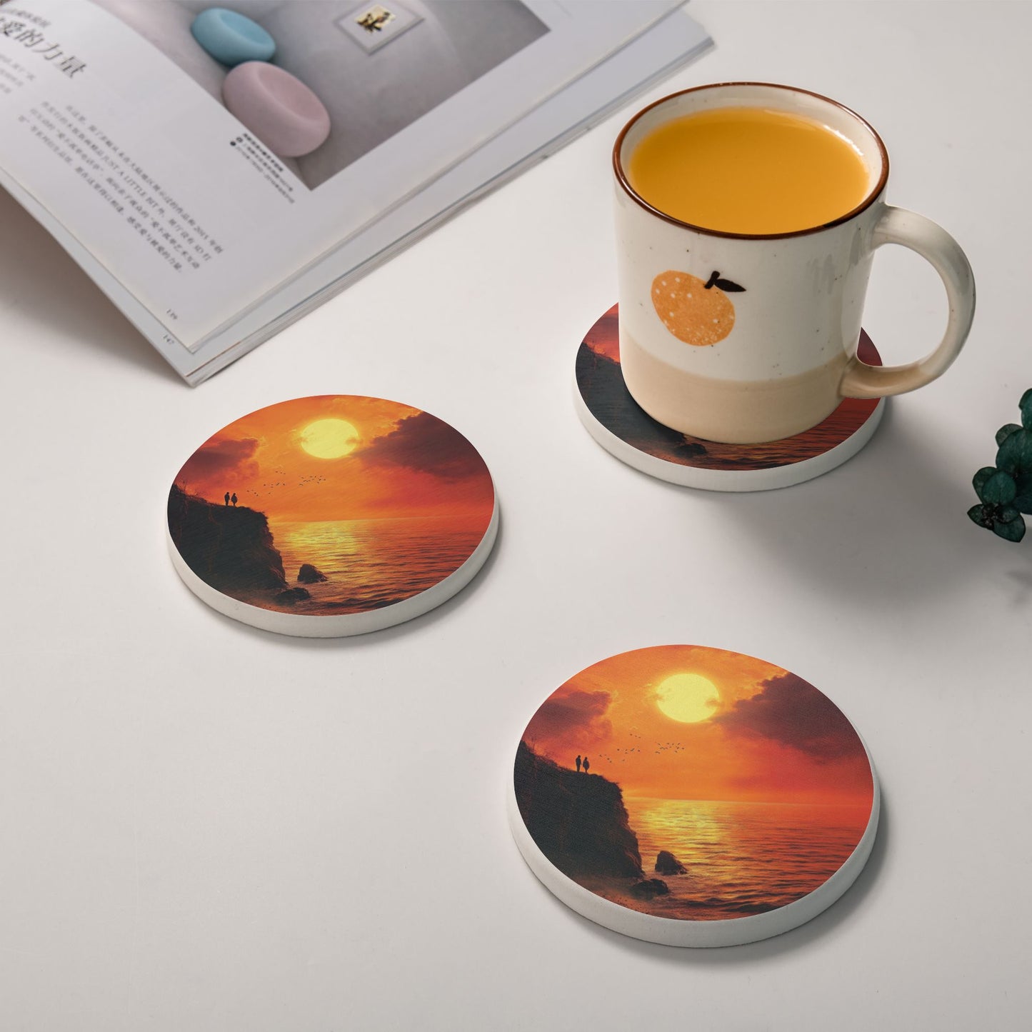 Sunset Landscape Absorbent Coasters – 6-Pack Round Diatomite Drink Coasters with Heat-Resistant Non-Slip Design