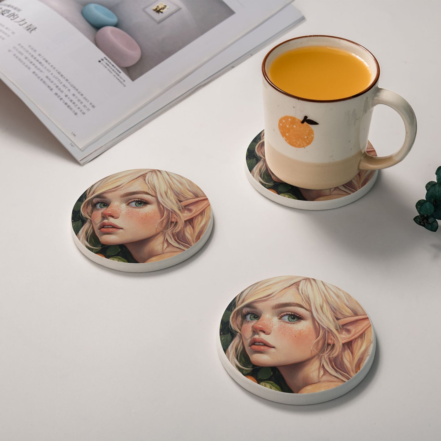 Absorbent Coasters with Fantasy Elf Girl Illustration (Set of 6)