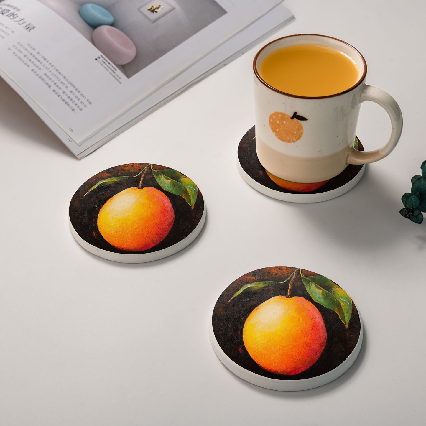 Vintage Orange Fruit Art Absorbent Coaster Set (6-Pack, 4in Round)