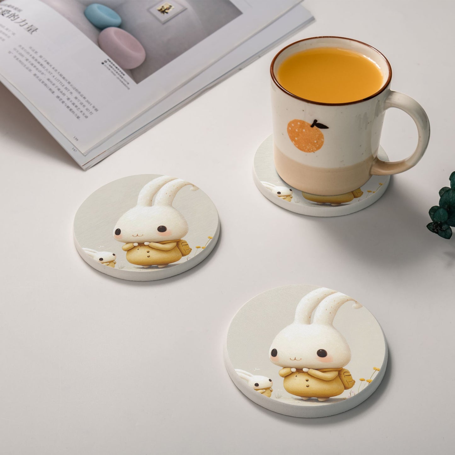 Cute Bunny Pattern Round Diatomite Absorbent Coasters (Set of 6)