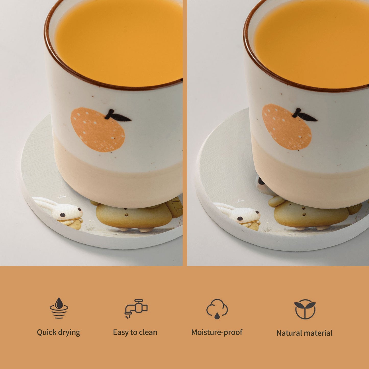 Cute Bunny Pattern Round Diatomite Absorbent Coasters (Set of 6)