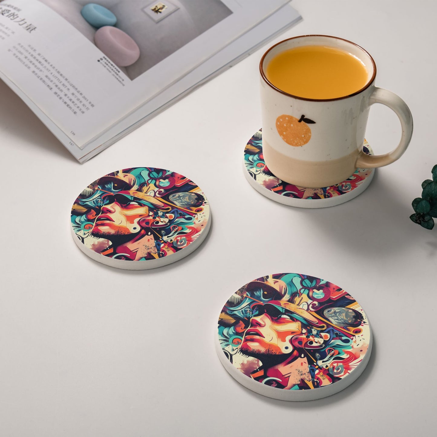 Abstract Graffiti Art Style Round Diatomite Coasters – Set of 6 (4in Diameter)