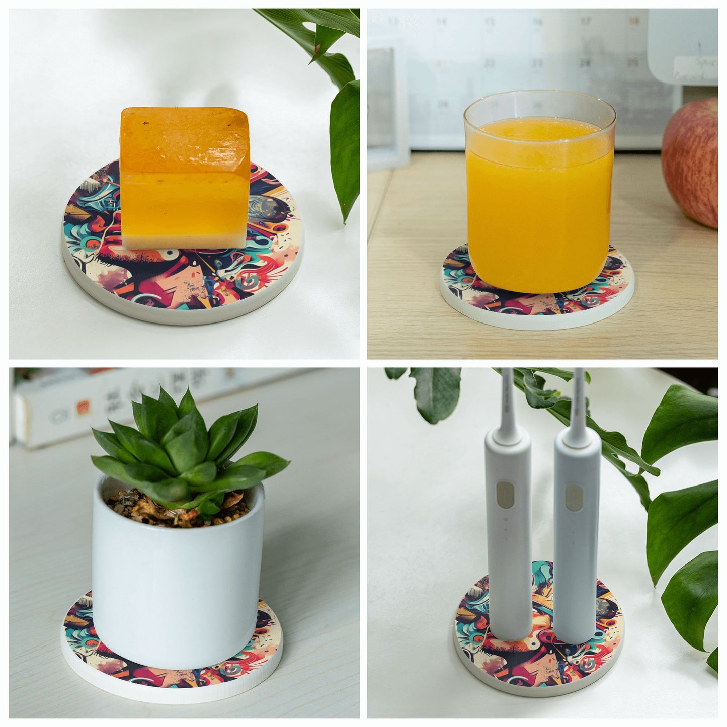 Abstract Graffiti Art Style Round Diatomite Coasters – Set of 6 (4in Diameter)