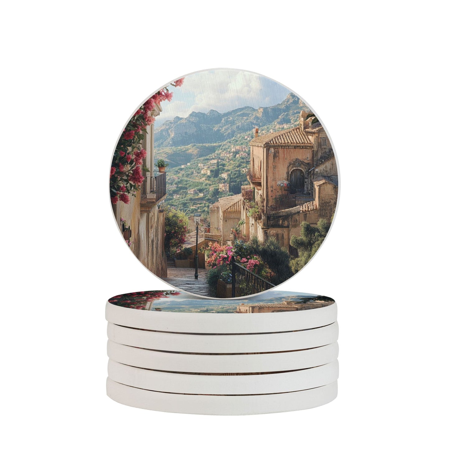 Mediterranean Townscape Diatomite Absorbent Coasters – Set of 6