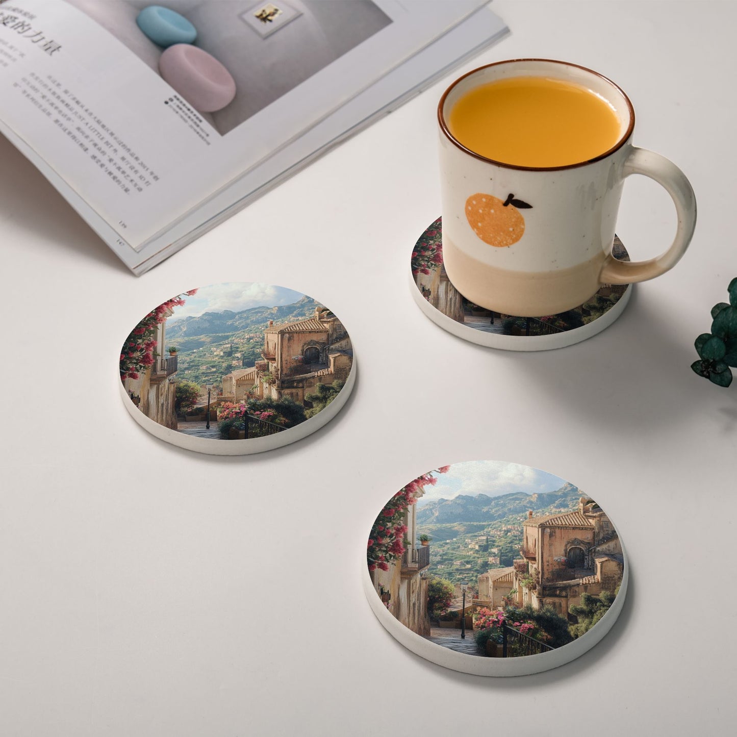 Mediterranean Townscape Diatomite Absorbent Coasters – Set of 6