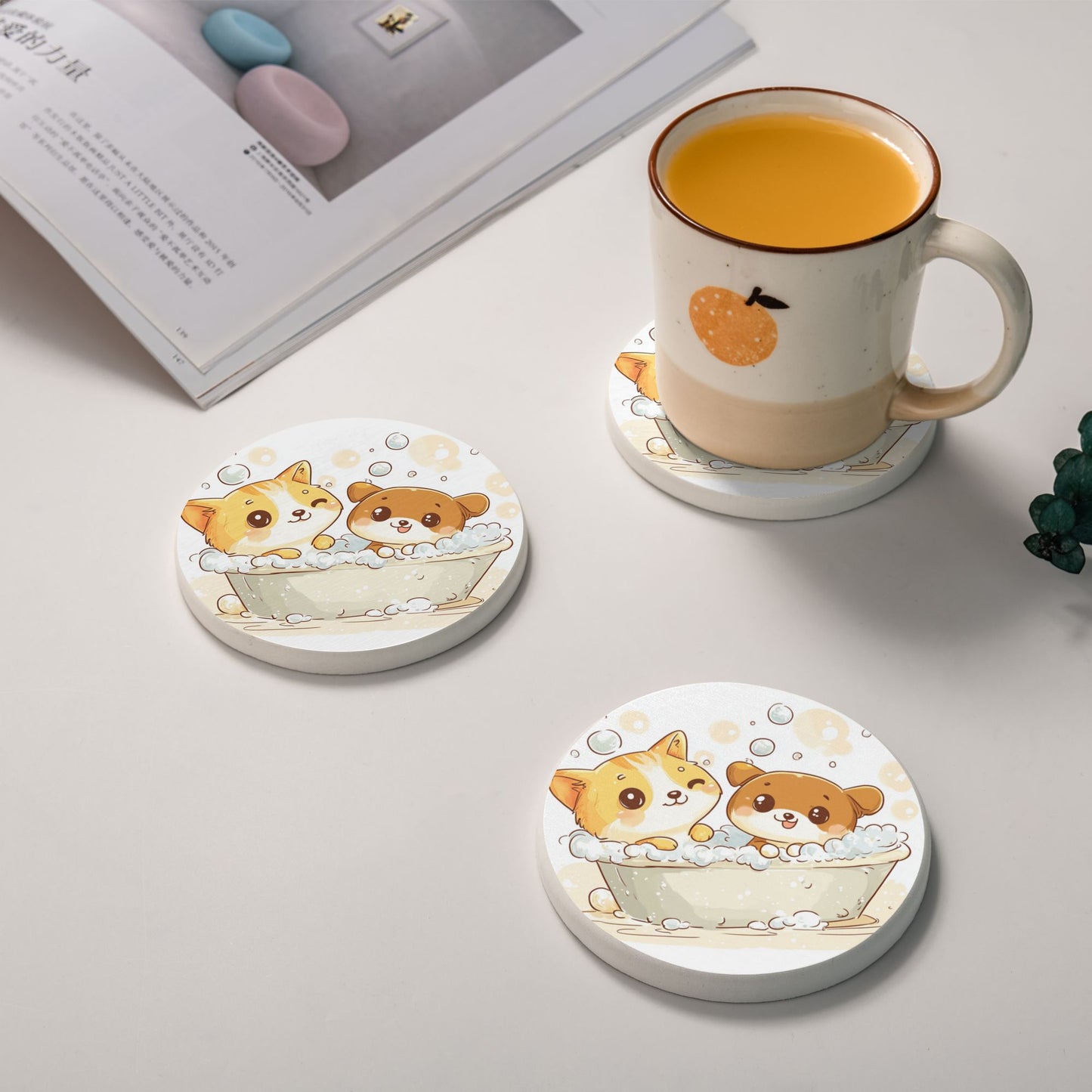 Cute Pet Bath Design Absorbent Coasters (Set of 6) | Round Diatomite Anti-Slip Heat-Resistant Drink Mats