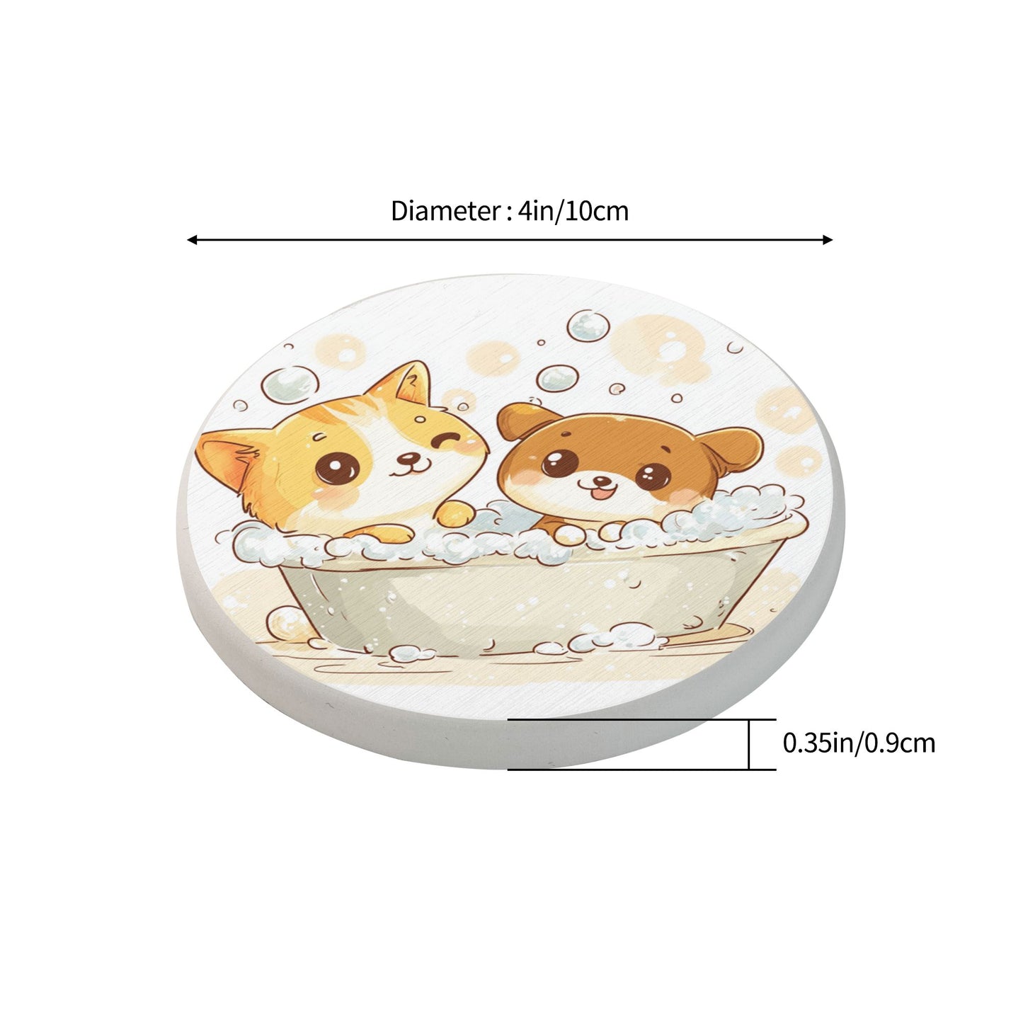 Cute Pet Bath Design Absorbent Coasters (Set of 6) | Round Diatomite Anti-Slip Heat-Resistant Drink Mats