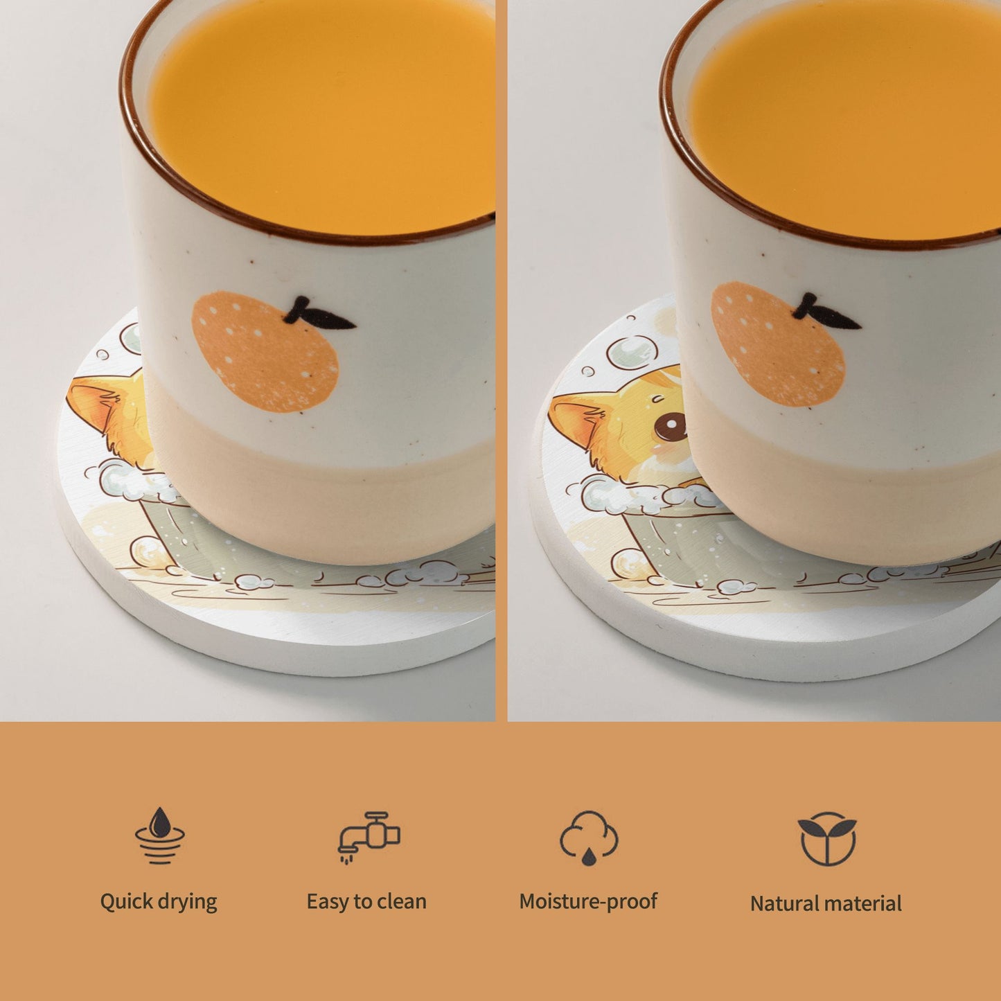 Cute Pet Bath Design Absorbent Coasters (Set of 6) | Round Diatomite Anti-Slip Heat-Resistant Drink Mats