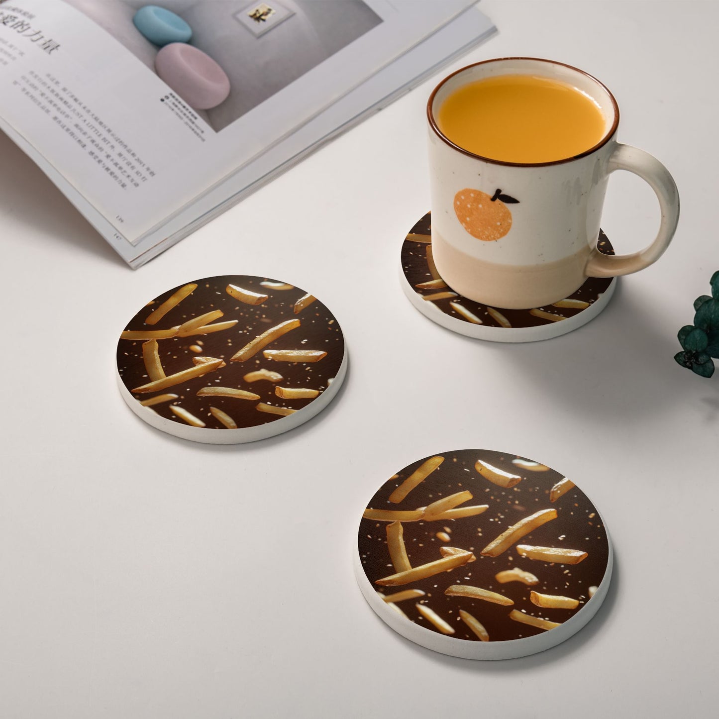 French Fries Design Diatomite Coasters (Set of 6) – 4 Inch Round Absorbent and Heat-Resistant Pads