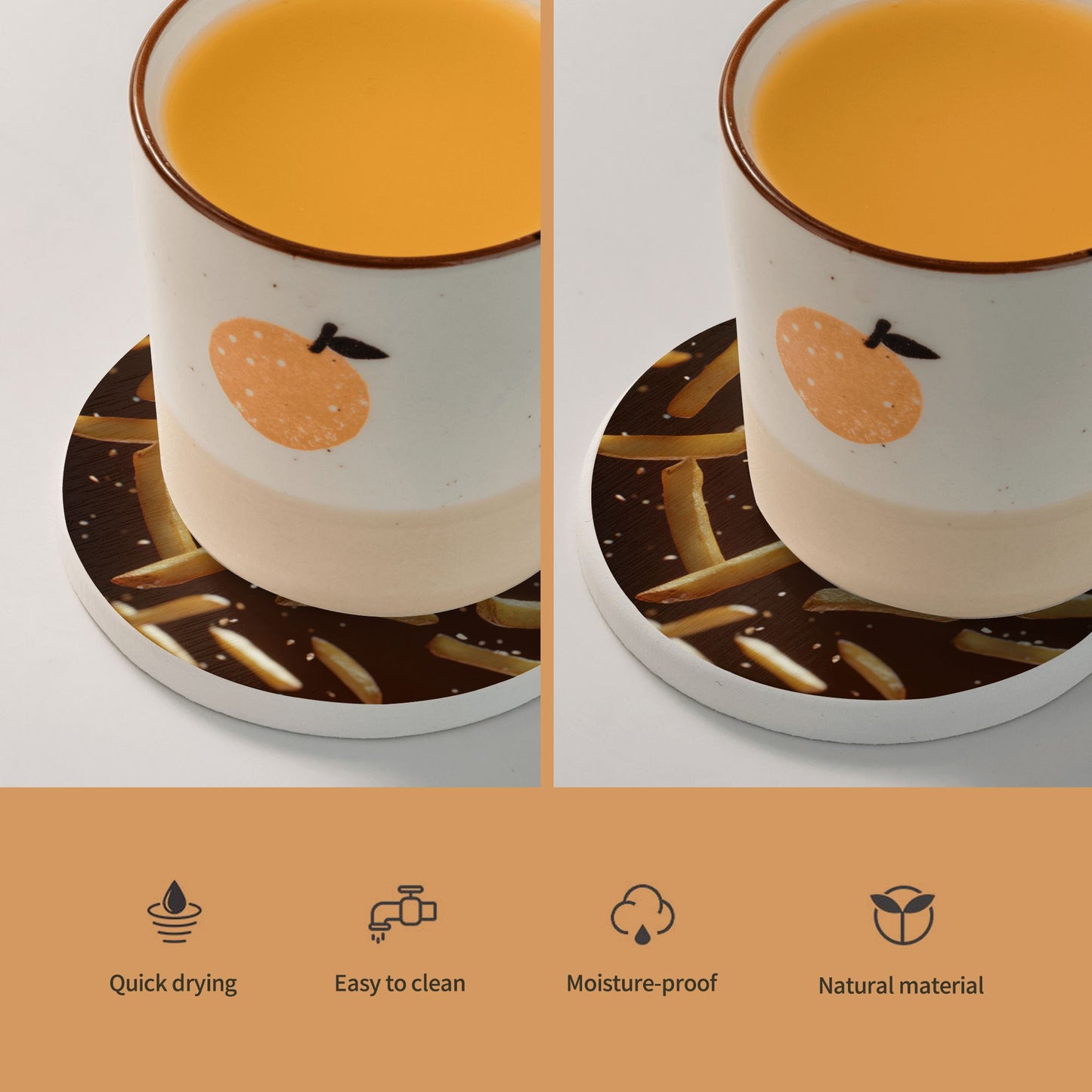 French Fries Design Diatomite Coasters (Set of 6) – 4 Inch Round Absorbent and Heat-Resistant Pads