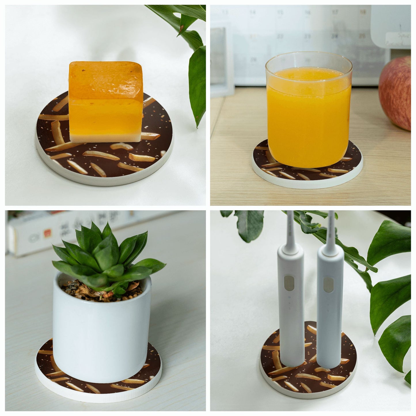 French Fries Design Diatomite Coasters (Set of 6) – 4 Inch Round Absorbent and Heat-Resistant Pads