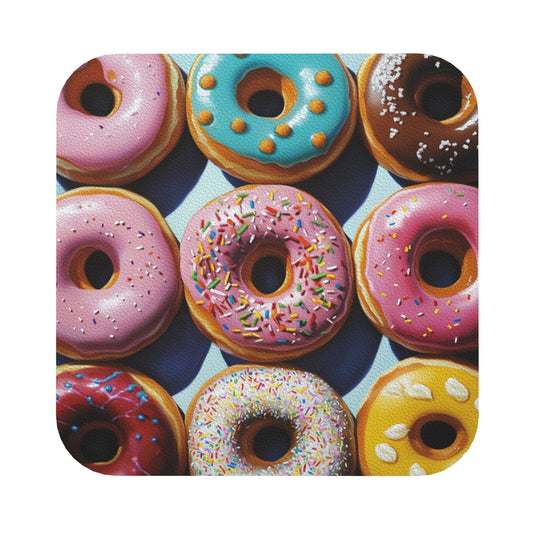 Donut Pattern Leather Coasters Set of 4 | Cute & Colorful Absorbent Square Drink Mats with Rounded Corners