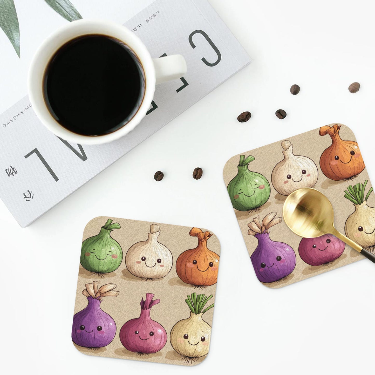 Cute Onion Cartoon Pattern Coaster Set (4 Pieces, 10cm)
