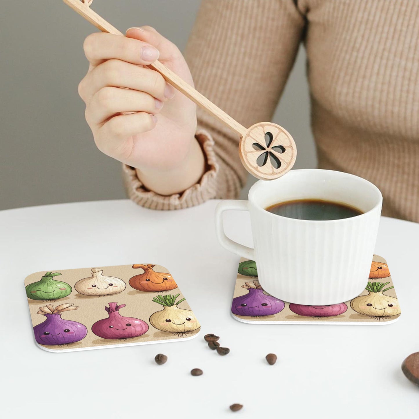 Cute Onion Cartoon Pattern Coaster Set (4 Pieces, 10cm)