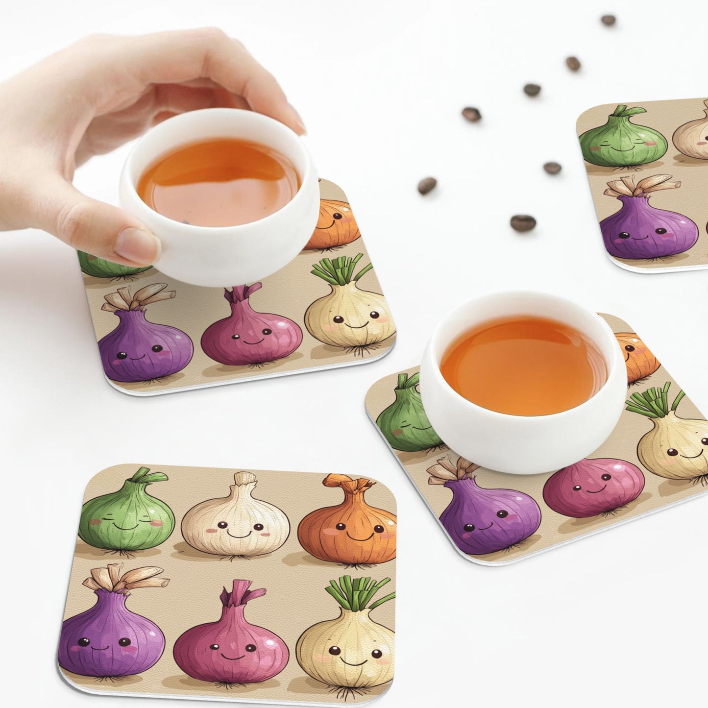 Cute Onion Cartoon Pattern Coaster Set (4 Pieces, 10cm)