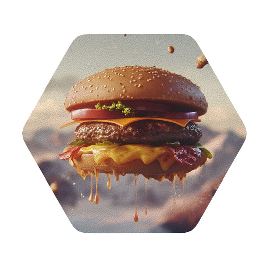 Creative Burger Print Hexagonal Coasters (Set of 4) | Anti-Slip, Heat Resistant, Water-Absorbent Leather Drink Mats | 10cm