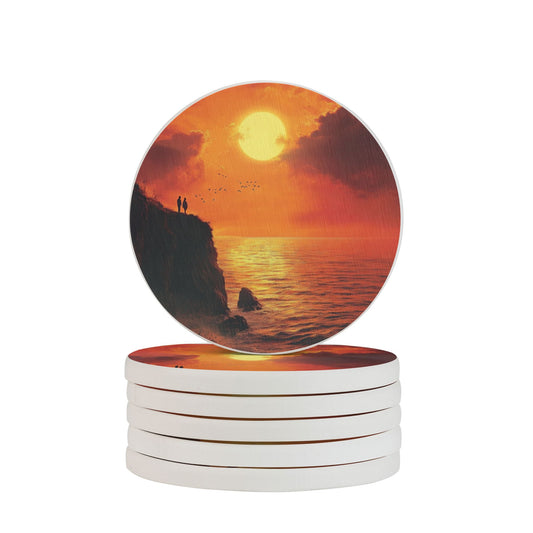 Sunset Landscape Absorbent Coasters – 6-Pack Round Diatomite Drink Coasters with Heat-Resistant Non-Slip Design