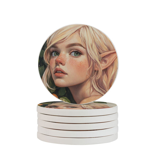 Absorbent Coasters with Fantasy Elf Girl Illustration (Set of 6)